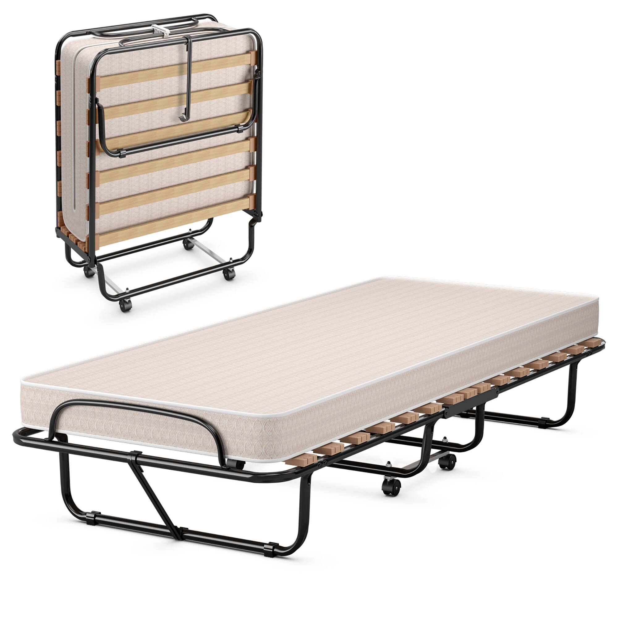 Costway - Portable Folding Bed with Memory Foam Mattress Rollaway Cot Made in Italy - Beige