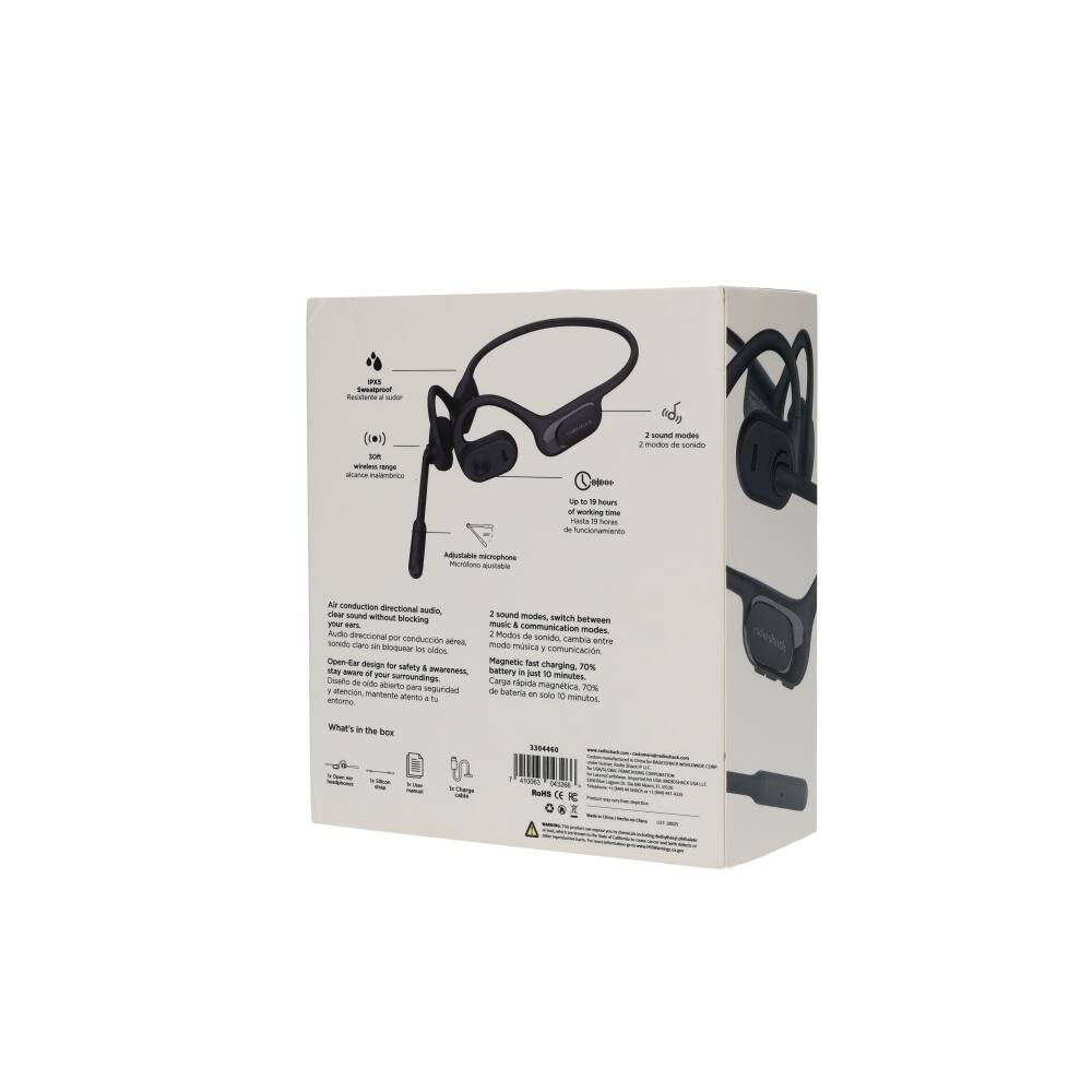 - Air conduction directional audio, your ears stay aware of your surroundings without blocking your ears. 
- Open-Ear design for your safety, awareness, and comfort. 
- 2 sound modes, switch between audio and communication. 
- Magnetic fast charging, just 70% battery in just 10 minutes. 
- Up to 19 hours of function. 
- 2 sound modes, switch between audio and communication. 
- Magnetic fast charging, just 70% battery in just 10 minutes. 
- Up to 19 hours of function. 
- What's in the box: 
  - 1 pair of headphones 
  - 1 charging cable 
  - 1 user manual 
  - 1 warranty card 
- IPX4 water resistance 
- 30ft wireless range 
- Adjustable microphone 
- 2 sound modes, switch between audio and communication. 
- Magnetic fast charging, just 70% battery in just 10 minutes. 
- Up to 19 hours of function. 
- What's in the box: 
  - 1 pair of headphones 
  - 1 charging cable 
  - 1 user manual 
  - 1 warranty card