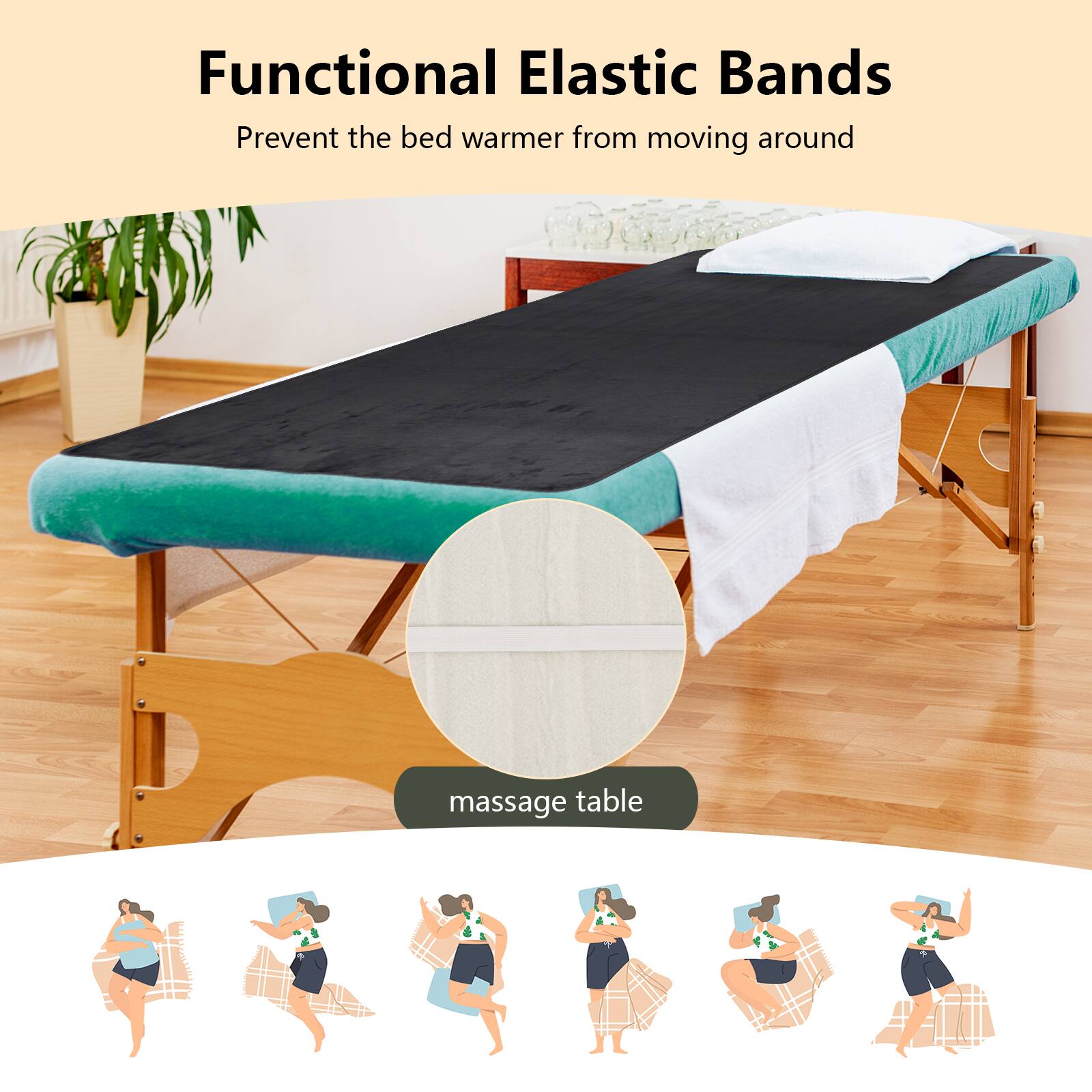 Functional Elastic Bands Prevent the bed warmer from moving around massage table