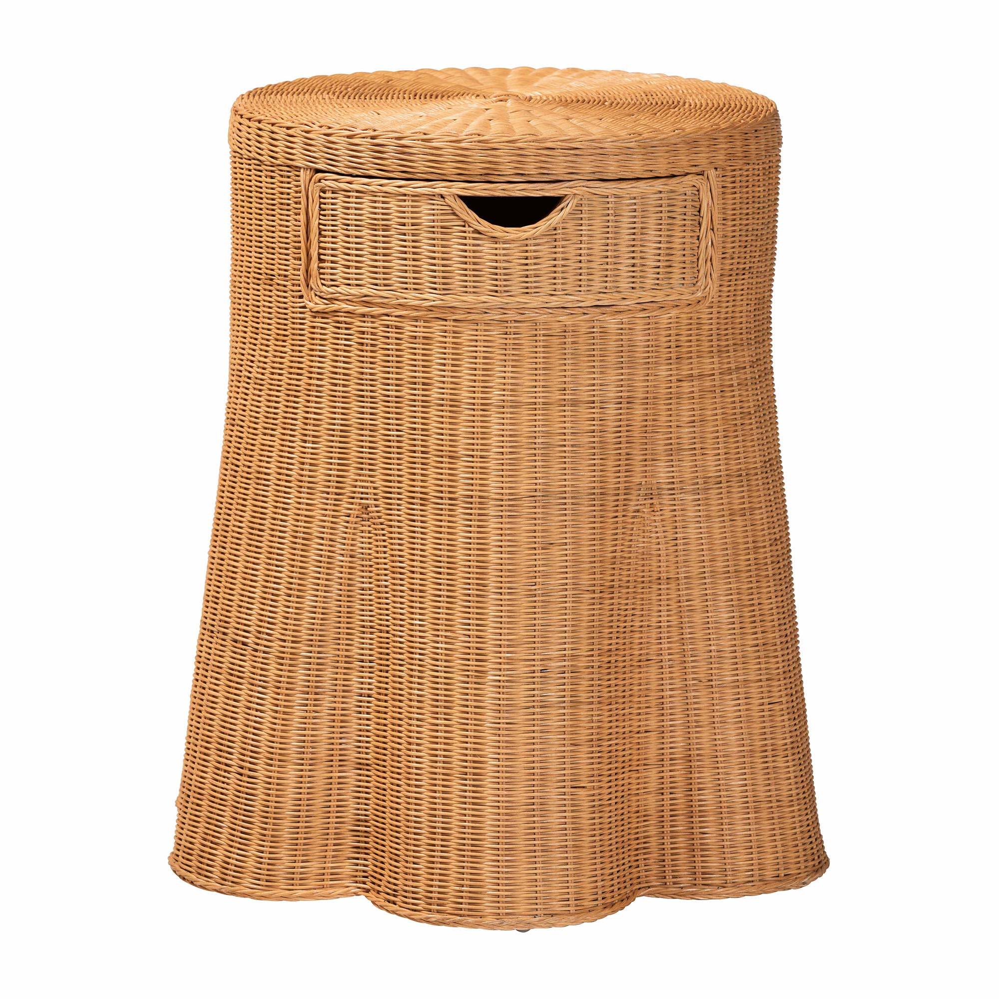 Left. bali & pari - Dayo Scalloped Natural Rattan Console Table with Drawer - Handwoven Wicker with Flared Skirt, Round - Light Honey.