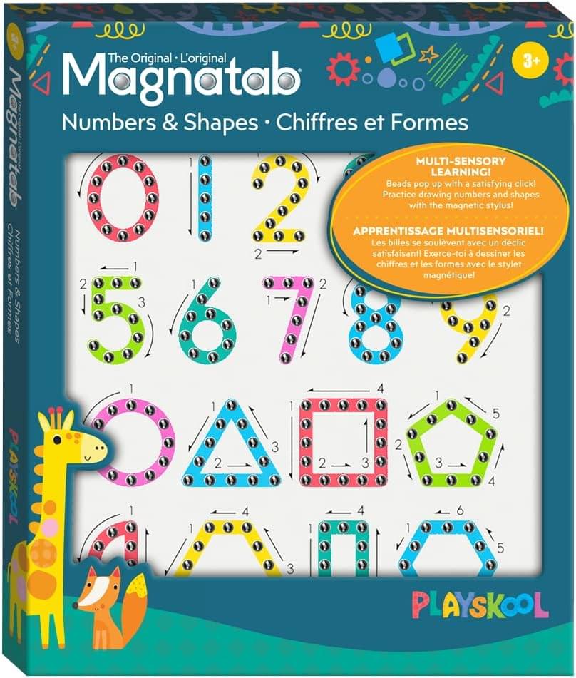 The Original L'original  
Magnatab Numbers & Shapes  
Chiffres et Formes  

3+  

MULTI-SENSORY LEARNING  
Beads pop up with a satisfying click! Practice drawing numbers and shapes with the magnetic stylus!  

APPRENTISSAGE MULTISENSORIEL  
Les billes se soulèvent avec un clic satisfaisant! Exerce-toi à dessiner les chiffres et les formes avec le stylet magnétique!  

PLAYSKOOL