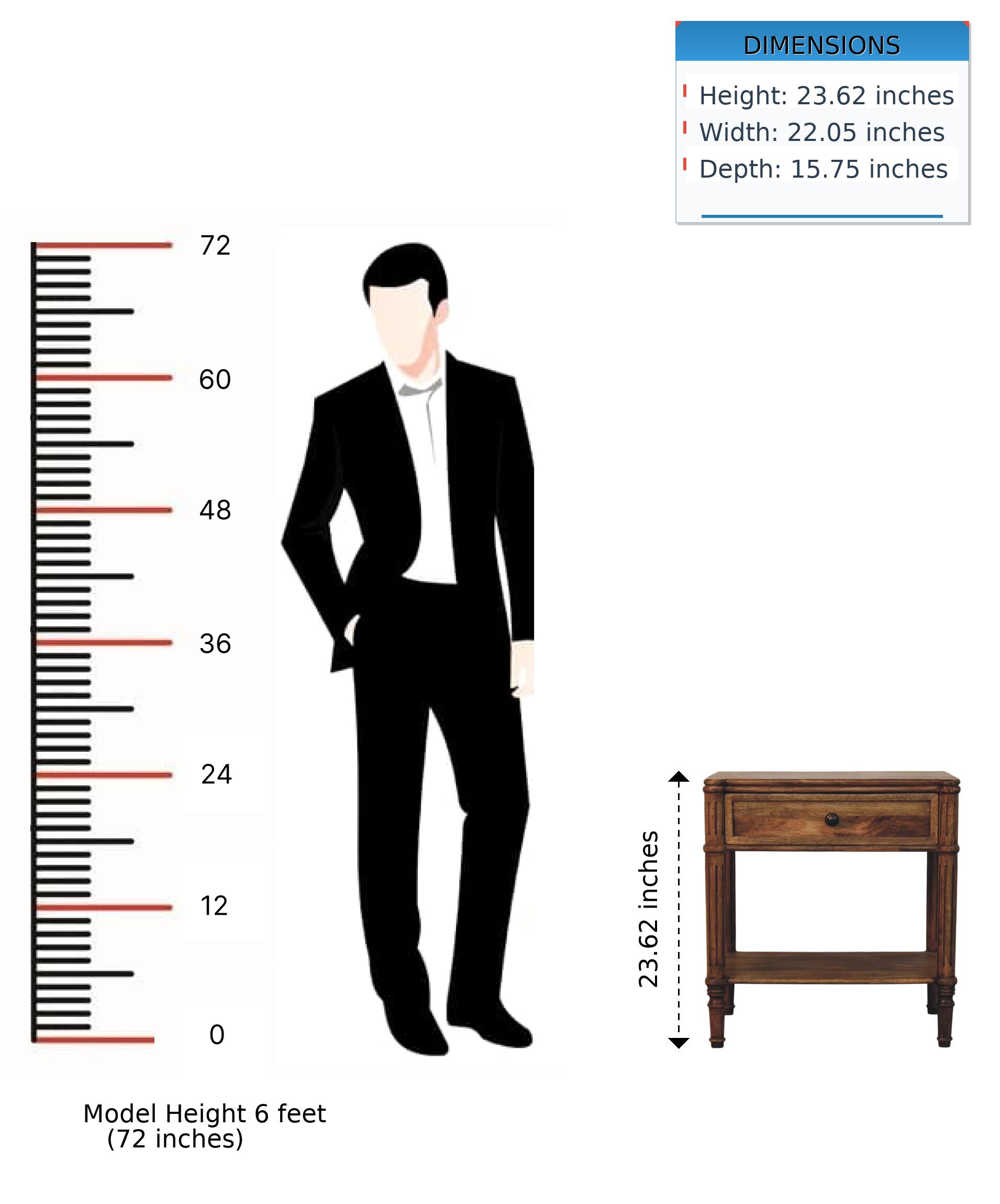 DIMENSIONS
Height: 23.62 inches
Width: 22.05 inches
Depth: 15.75 inches

Model Height 6 feet (72 inches)