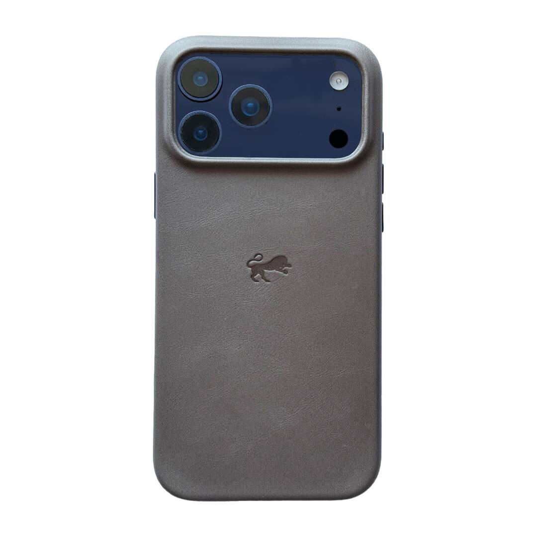 Back. LUMAZI - Full Grain Leather MagSafe iPhone 17 Pro Case - Storm Grey.