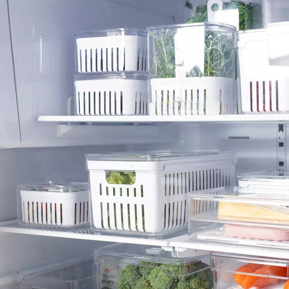Alt View 5. OU - OU Fridge Organizer Bins with Drain Basket & Vented Lid, Clear Refrigerator Storage Bin, 4 Pack - Clear.