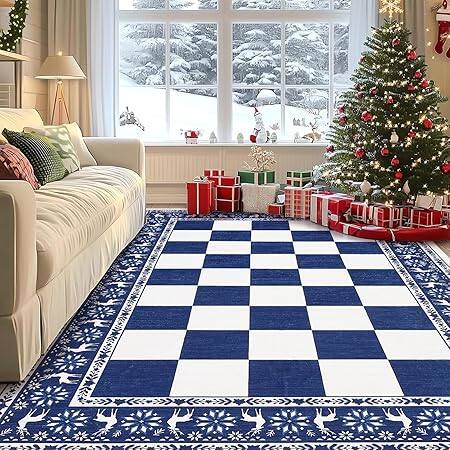 Front. GARVEE - 8x10 Checkered Christmas Area Rug, Washable Non-Slip Low Pile, Blue - Blue.
