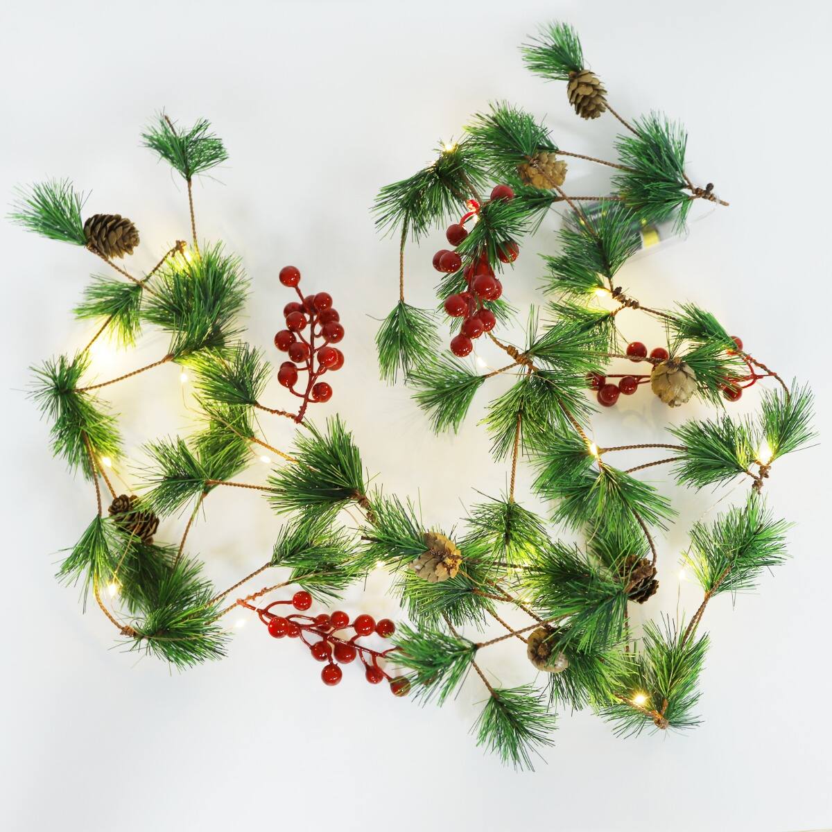 Left. Oumilen - Christmas Garland String Lights – Battery Operated Artificial Pine Garland with Red Berries & Pinecones for Xmas Decor.