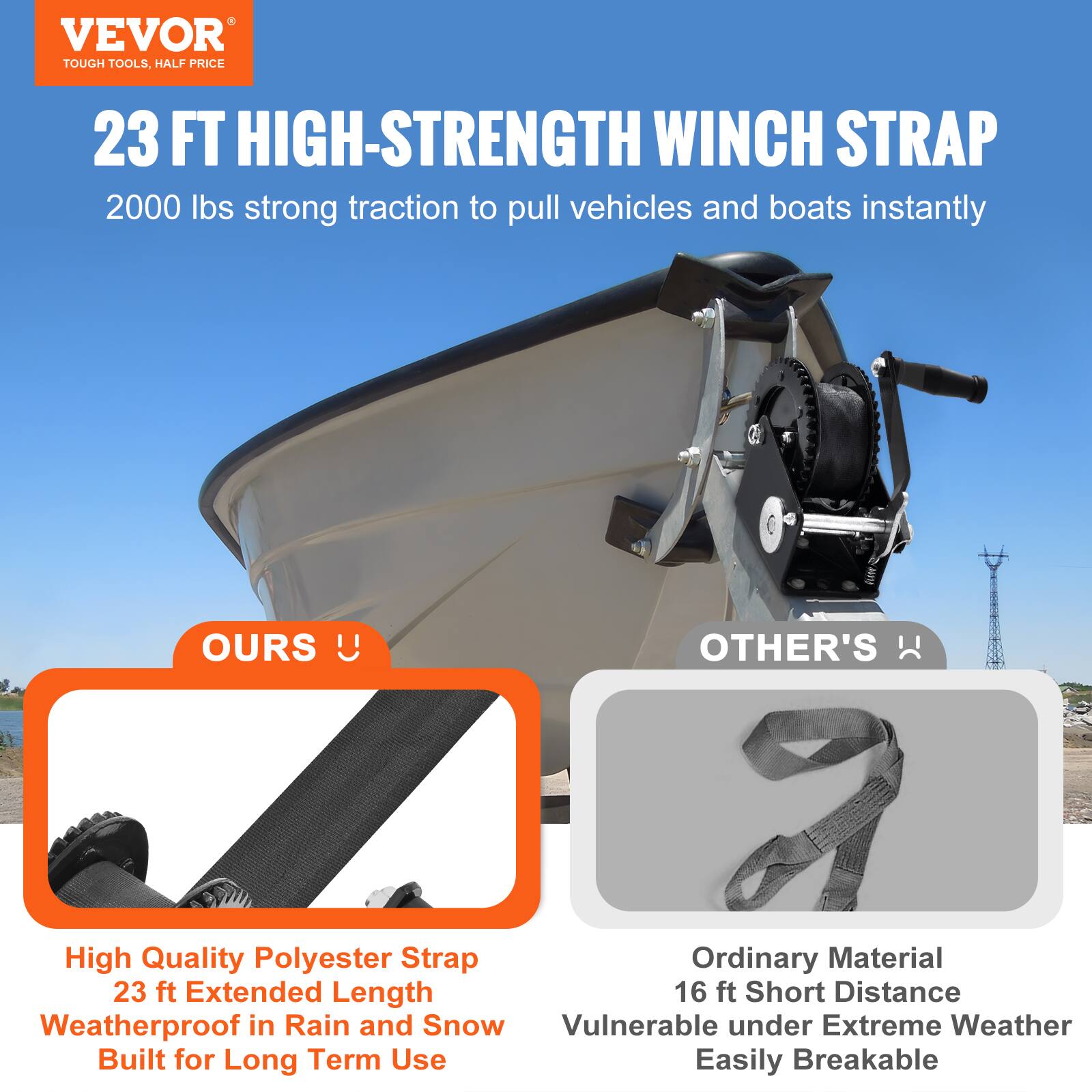 VEVOR TOUGH TOOLS, HALF PRICE

23 FT HIGH-STRENGTH WINCH STRAP

2000 lbs strong traction to pull vehicles and boats instantly

OURS
- High Quality Polyester Strap
- 23 ft Extended Length
- Weatherproof in Rain and Snow
- Built for Long Term Use

OTHER'S
- Ordinary Material
- 16 ft Short Distance
- Vulnerable under Extreme Weather
- Easily Breakable