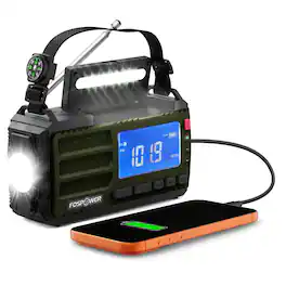 FosPower - Hand Crank Emergency Radio with Light, Portable AM FM NOAA Weather Radio Solar Power Bank 10000mAh USB C Cable SOS Alarm - Green|Black