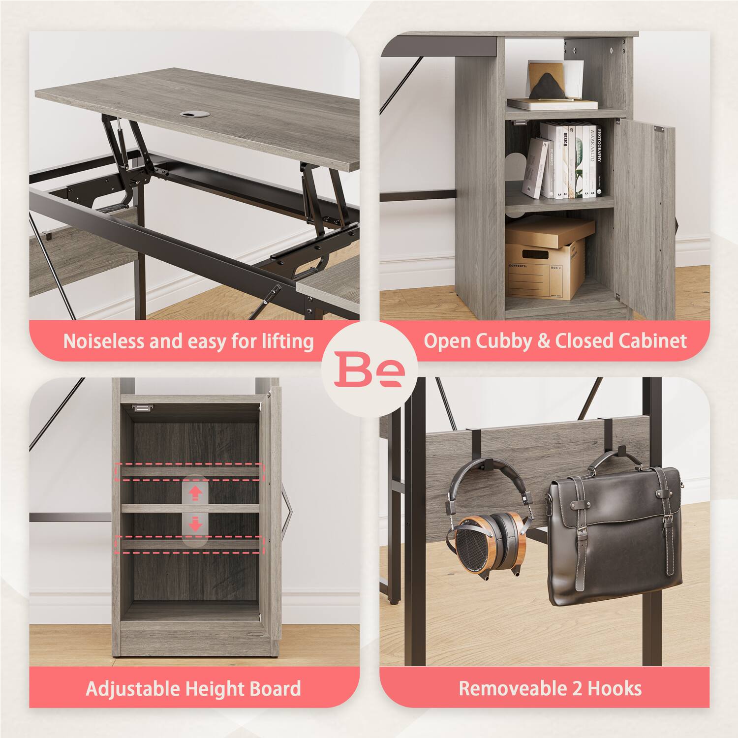 I | : | | : Noiseless and easy for lifting Open Cubby & Closed Cabinet Be Adjustable Height Board Removeable 2 Hooks