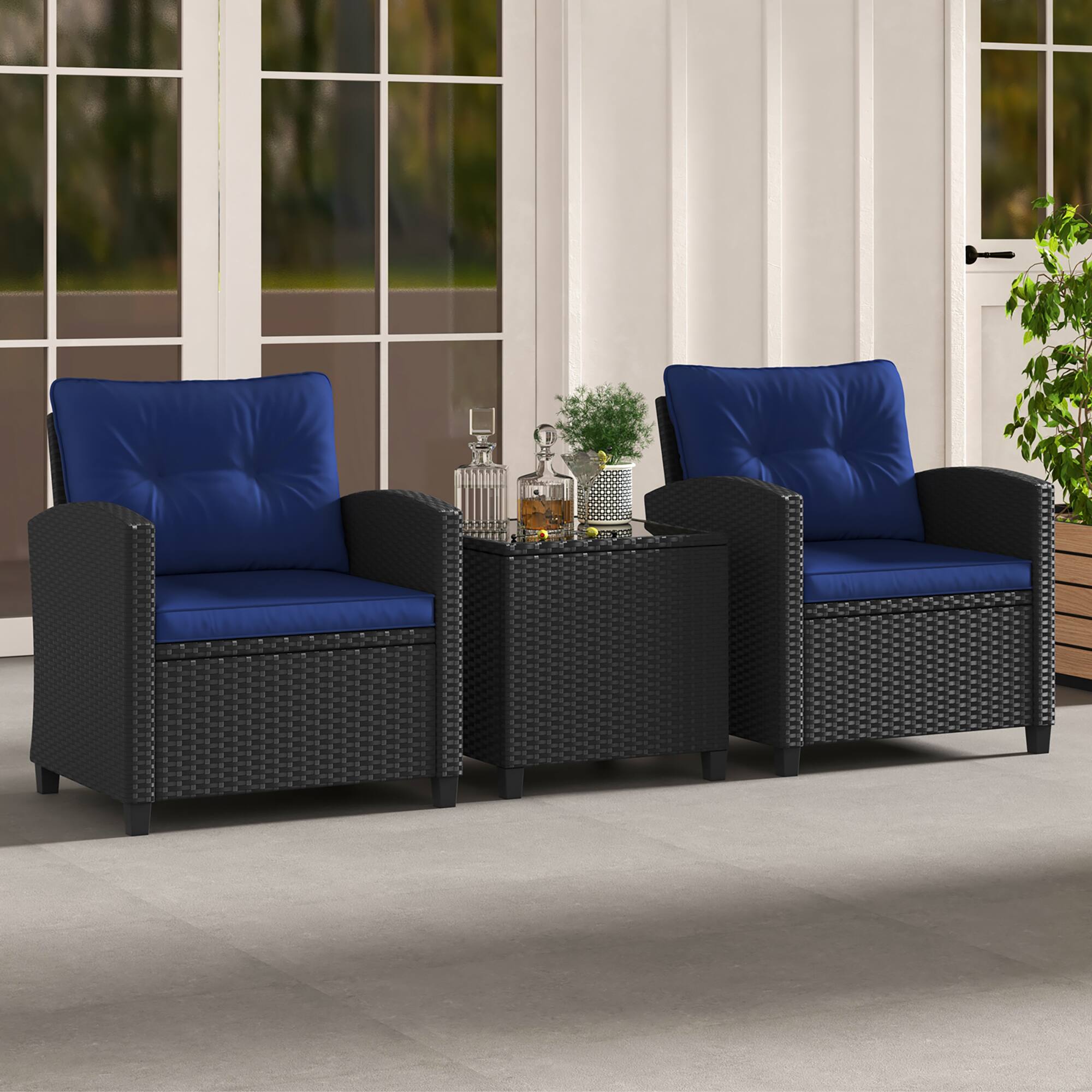 Alt View 1. Gymax - Gymax 3 PCS Patio Furniture Set w/Tempered Glass Coffee Table Washable Cushions Navy - Navy.