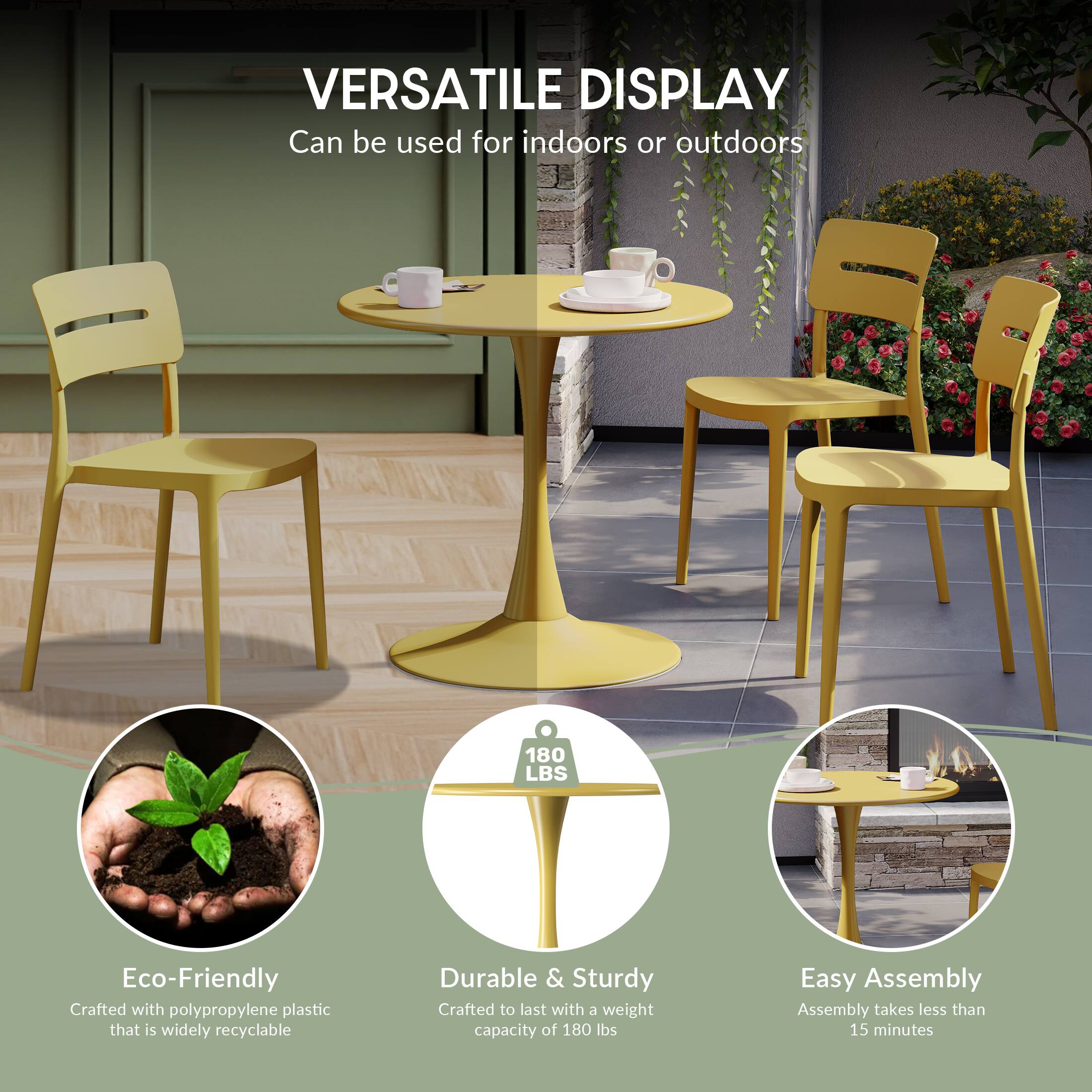 VERSATILE DISPLAY  
Can be used for indoors or outdoors  

180 LBS  

Eco-Friendly  
Crafted with polypropylene plastic that is widely recyclable  

Durable & Sturdy  
Crafted to last with a weight capacity of 180 lbs  

Easy Assembly  
Assembly takes less than 15 minutes