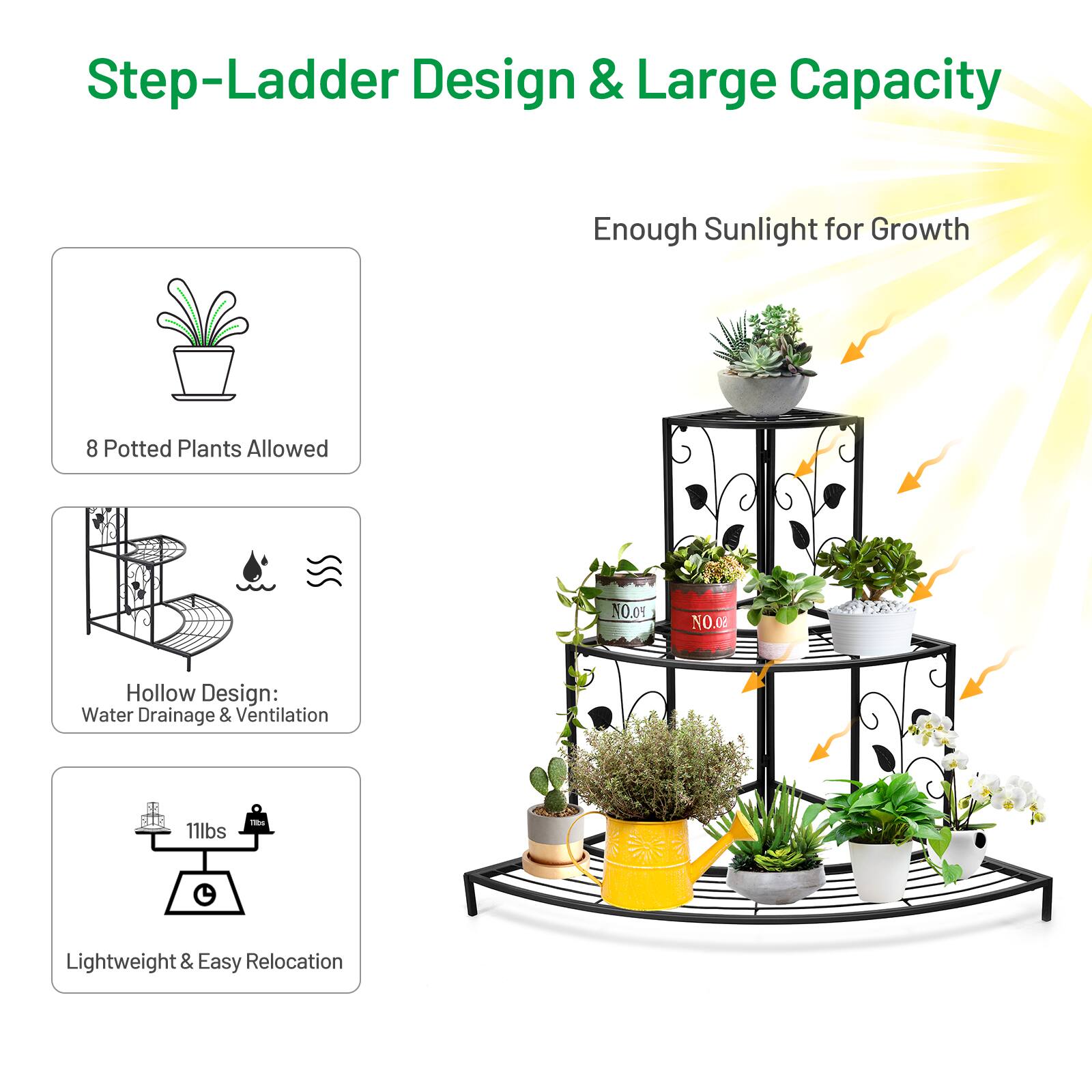 Step-Ladder Design & Large Capacity Enough Sunlight for Growth 8 Potted Plants Allowed NO.OY NO.o8 Hollow Design: Water Drainage & Ventilation 11lbs Fin Lightweight & Easy Relocation