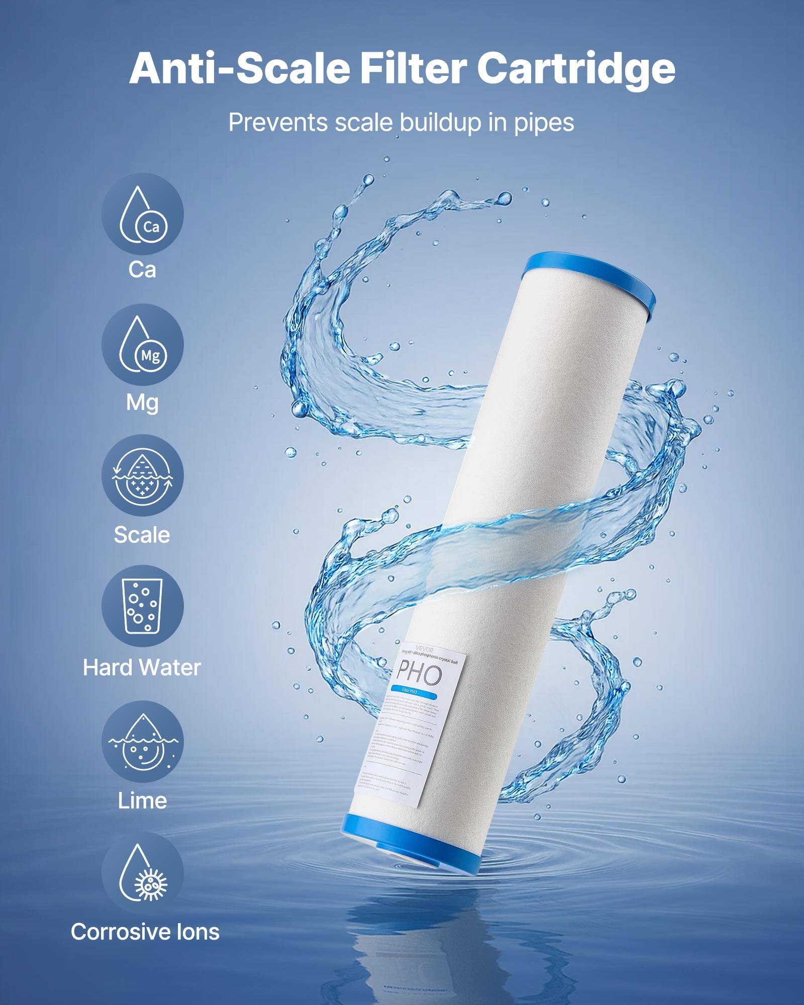 Anti-Scale Filter Cartridge  
Prevents scale buildup in pipes  

- Ca  
- Mg  
- Scale  
- Hard Water  
- Lime  
- Corrosive ions