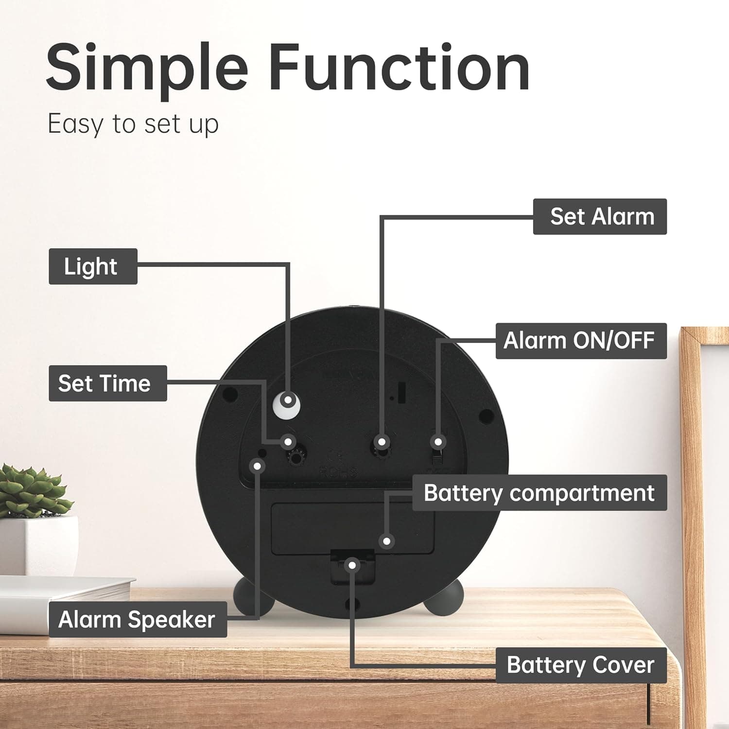 Simple Function  
Easy to set up  

- Set Alarm  
- Light  
- Alarm ON/OFF  
- Set Time  
- Battery compartment  
- Alarm Speaker  
- Battery Cover