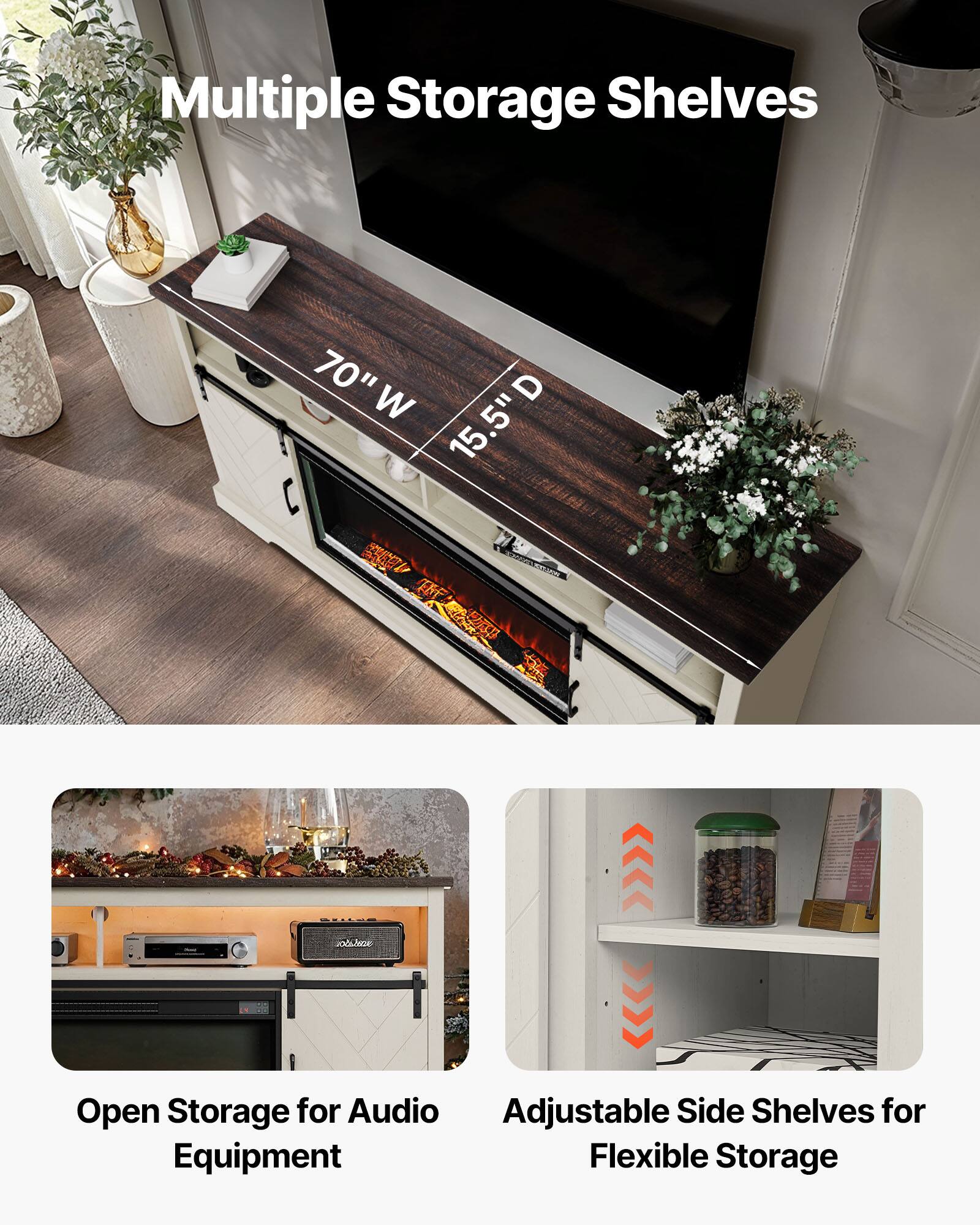 Multiple Storage Shelves  
70" W x .5" D x 15.5" H  

Open Storage for Audio Equipment  

Adjustable Side Shelves for Flexible Storage