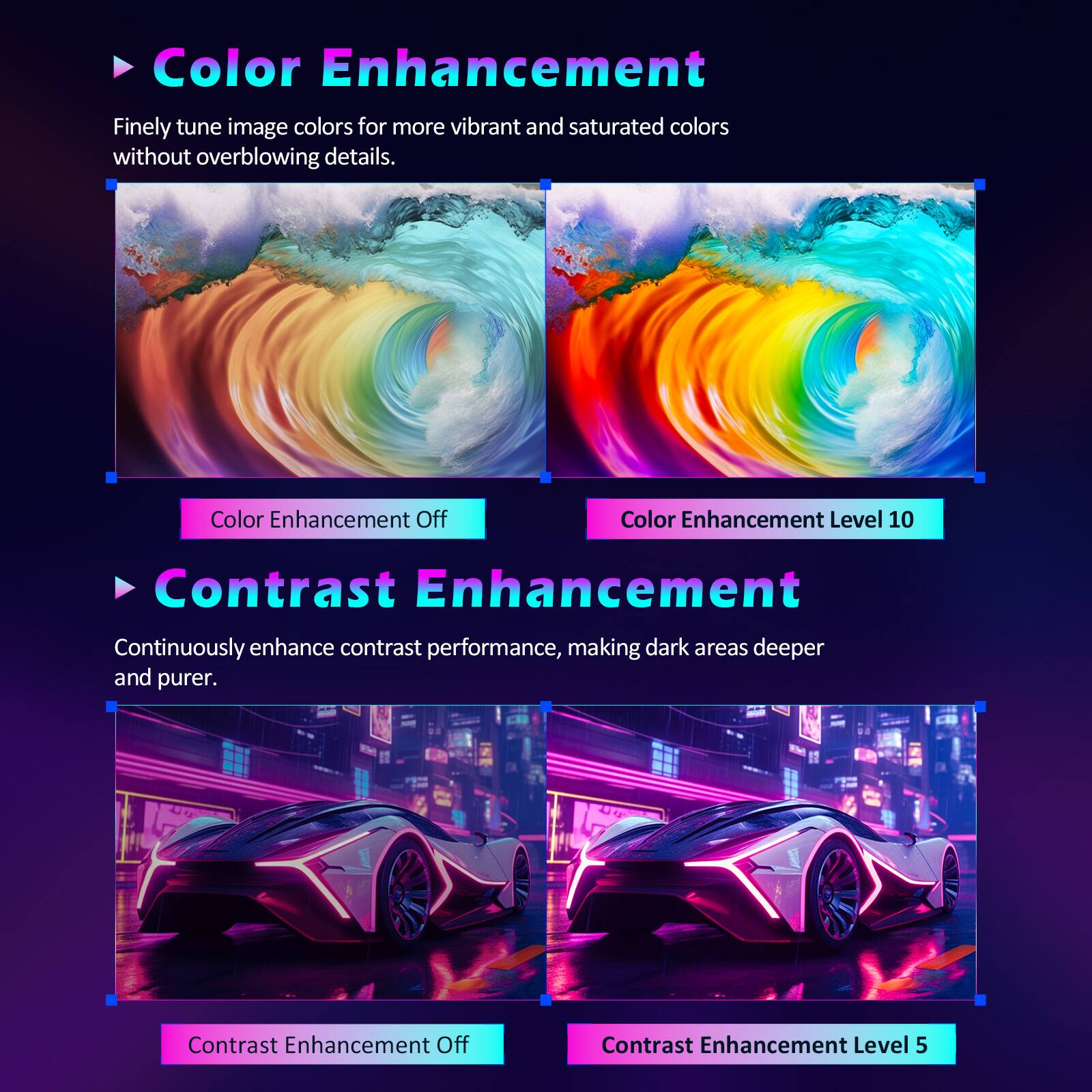 **Color Enhancement**  
Finely tune image colors for more vibrant and saturated colors without overblowing details.  
- Color Enhancement Off  
- Color Enhancement Level 10  

**Contrast Enhancement**  
Continuously enhance contrast performance, making dark areas deeper and purer.  
- Contrast Enhancement Off  
- Contrast Enhancement Level 5