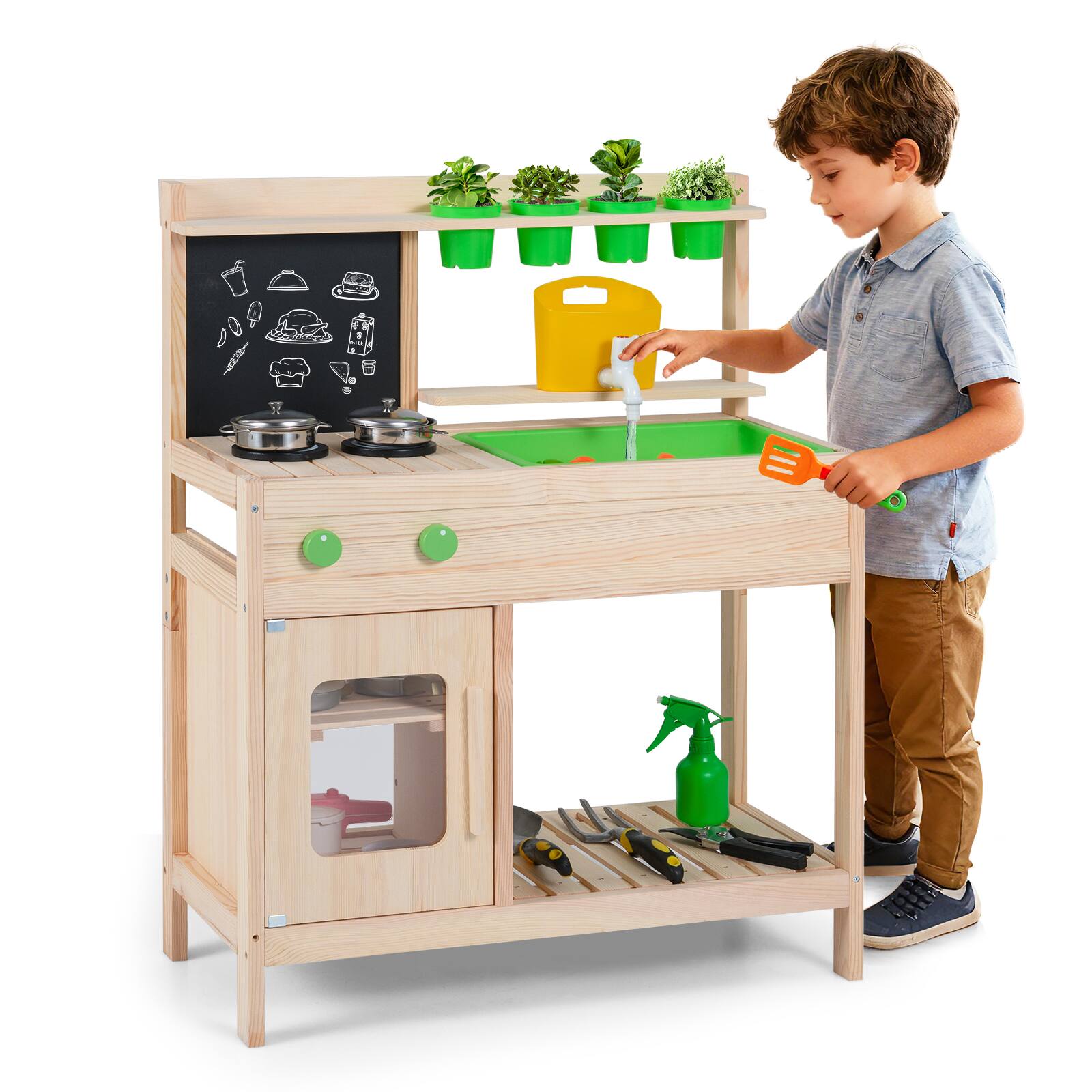 Alt View 9. Gymax - Gymax Kids Mud Kitchen Play Pretend Kitchen w/ Chalkboard Stoves Faucet Sink - Yellow.