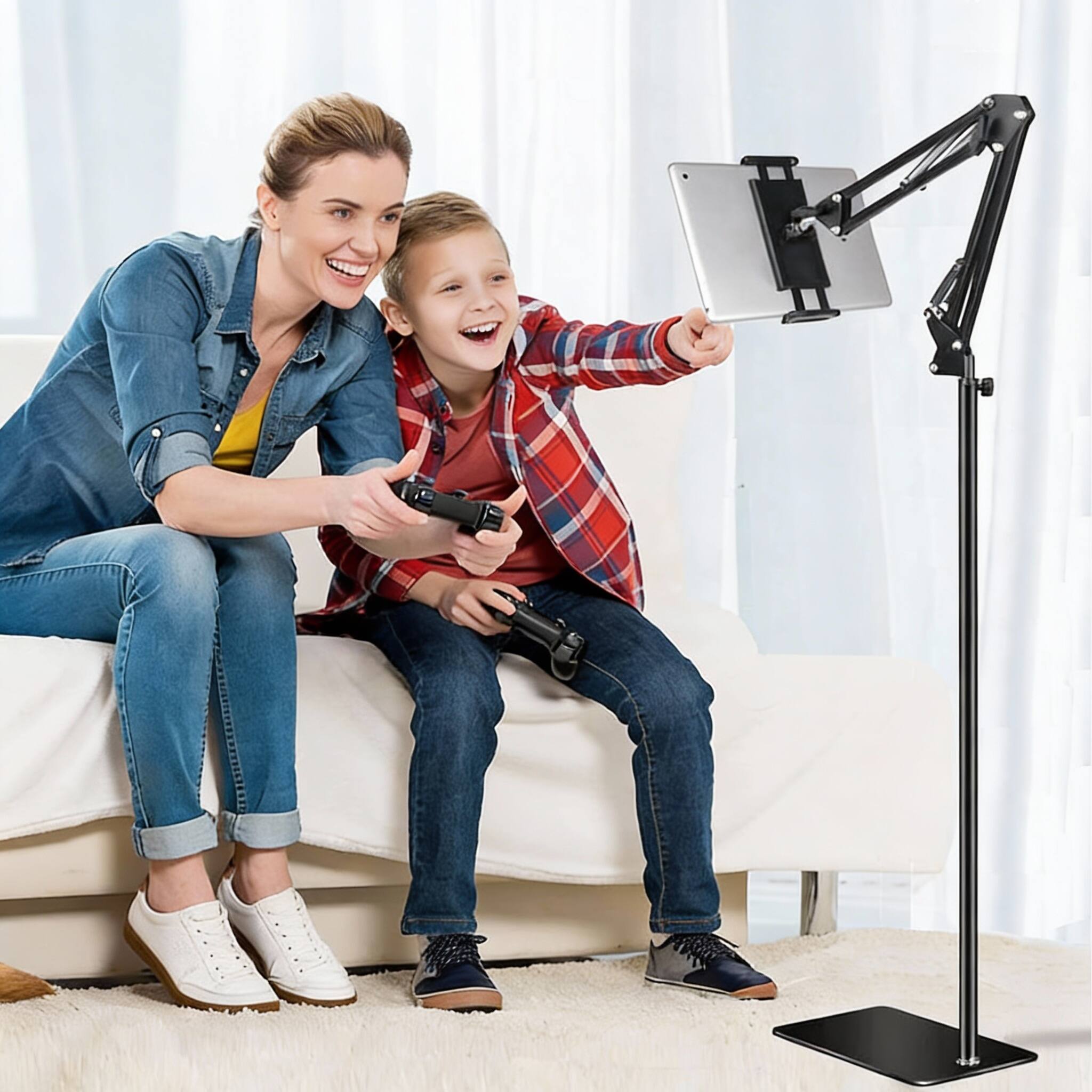 Left. OMOMMD - Tablet Floor Stand With Heavy Duty Base Overhead Bed Phone Angle Height Adjustable Arm Stretchable Holder C... - Default.