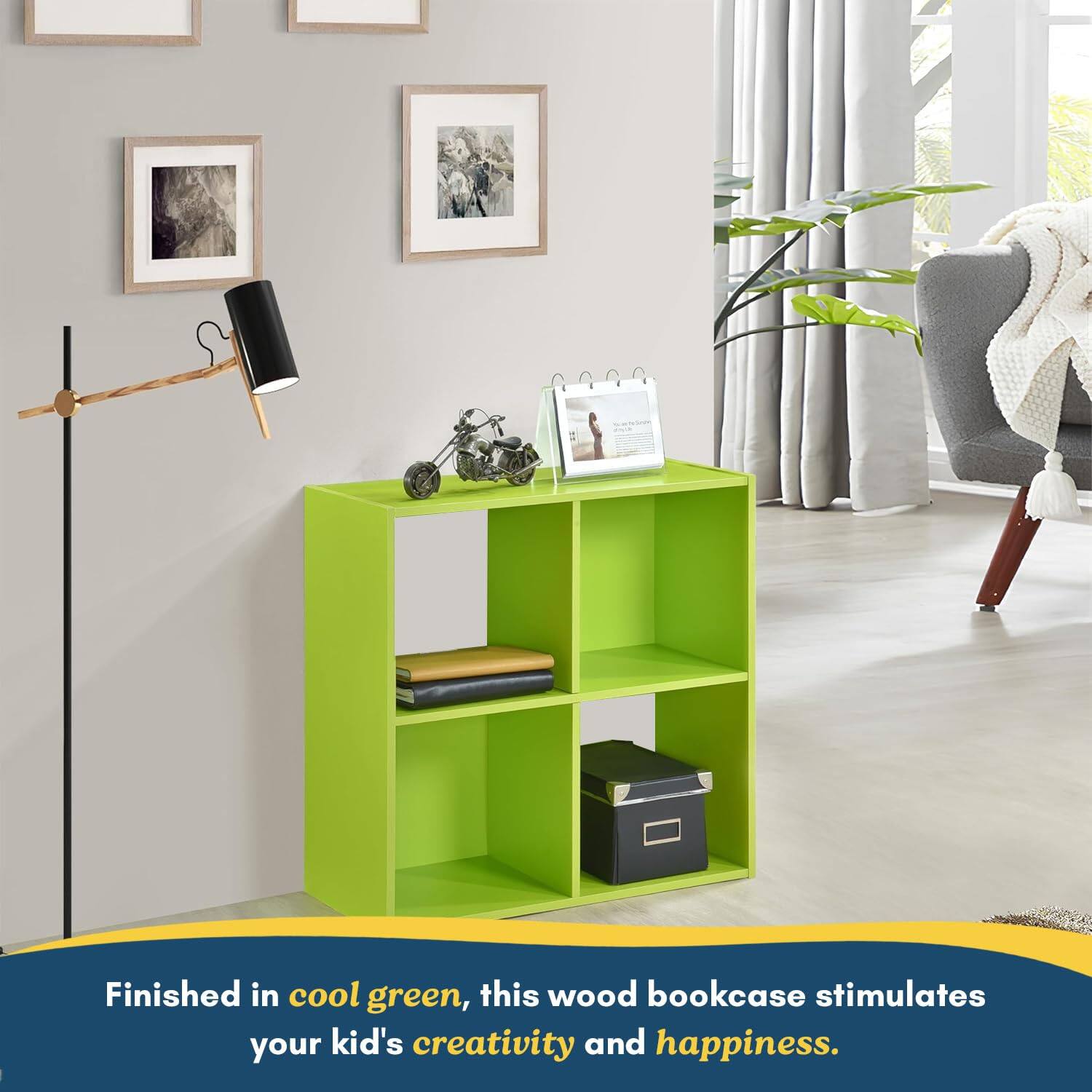 Finished in cool green, this wood bookcase stimulates your kid's creativity and happiness.