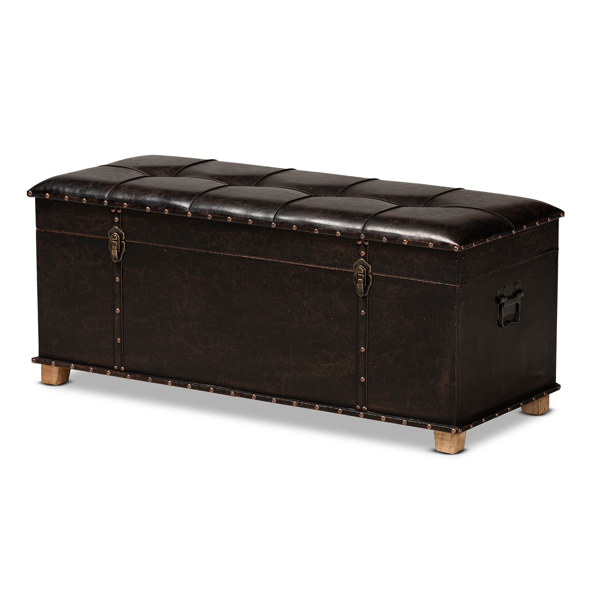 Baxton Studio - Janna Rustic Transitional Faux Leather Upholstered and Oak Brown Finished Wood Storage Ottoman - Dark Brown/Oak Brown