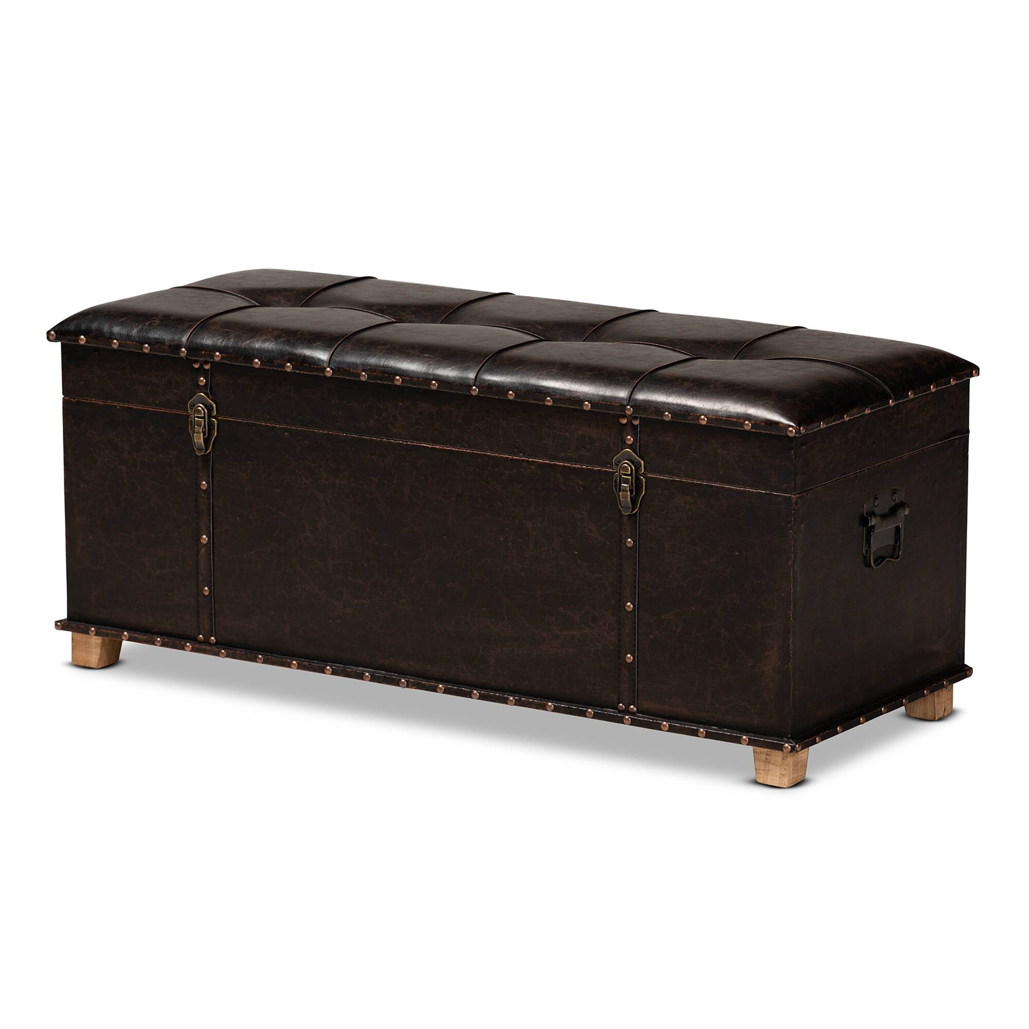 Distressed Black Leather Ottoman