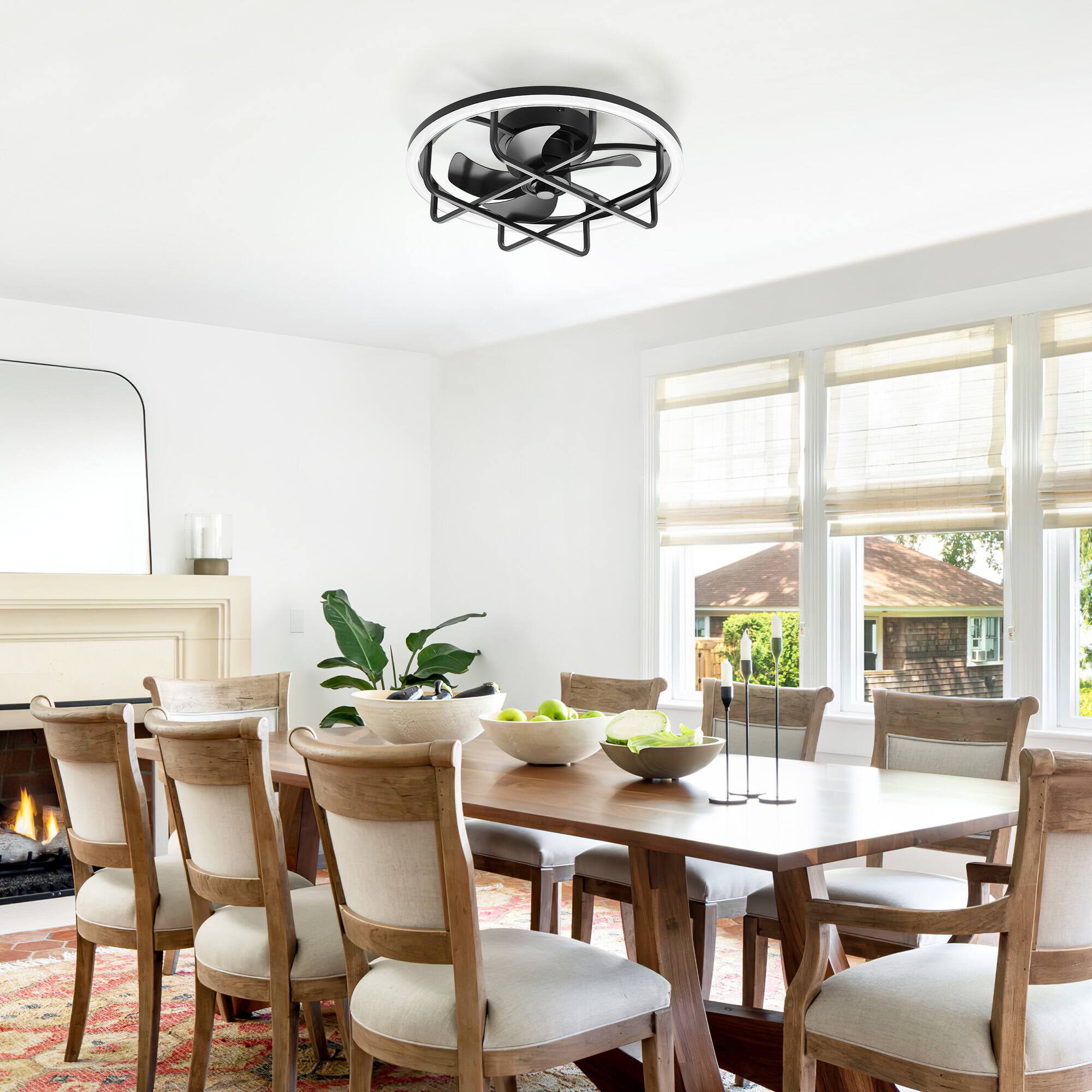 Back. Breezary - 20-Inch Caged Flush Mount Ceiling Fan with Acrylic Shade, Dimmable RGB LED, 6-Speed Remote, Timer, DC Motor - 20-Inch Black Caged Ceiling Fan.