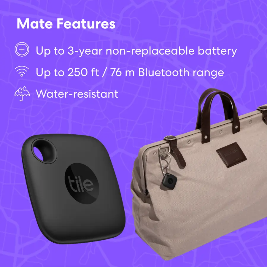 Mate Features:

* Up to 3-year non-replaceable battery
* Up to 250 ft / 76 m Bluetooth range
* Water-resistant
* 30LAOA tile
