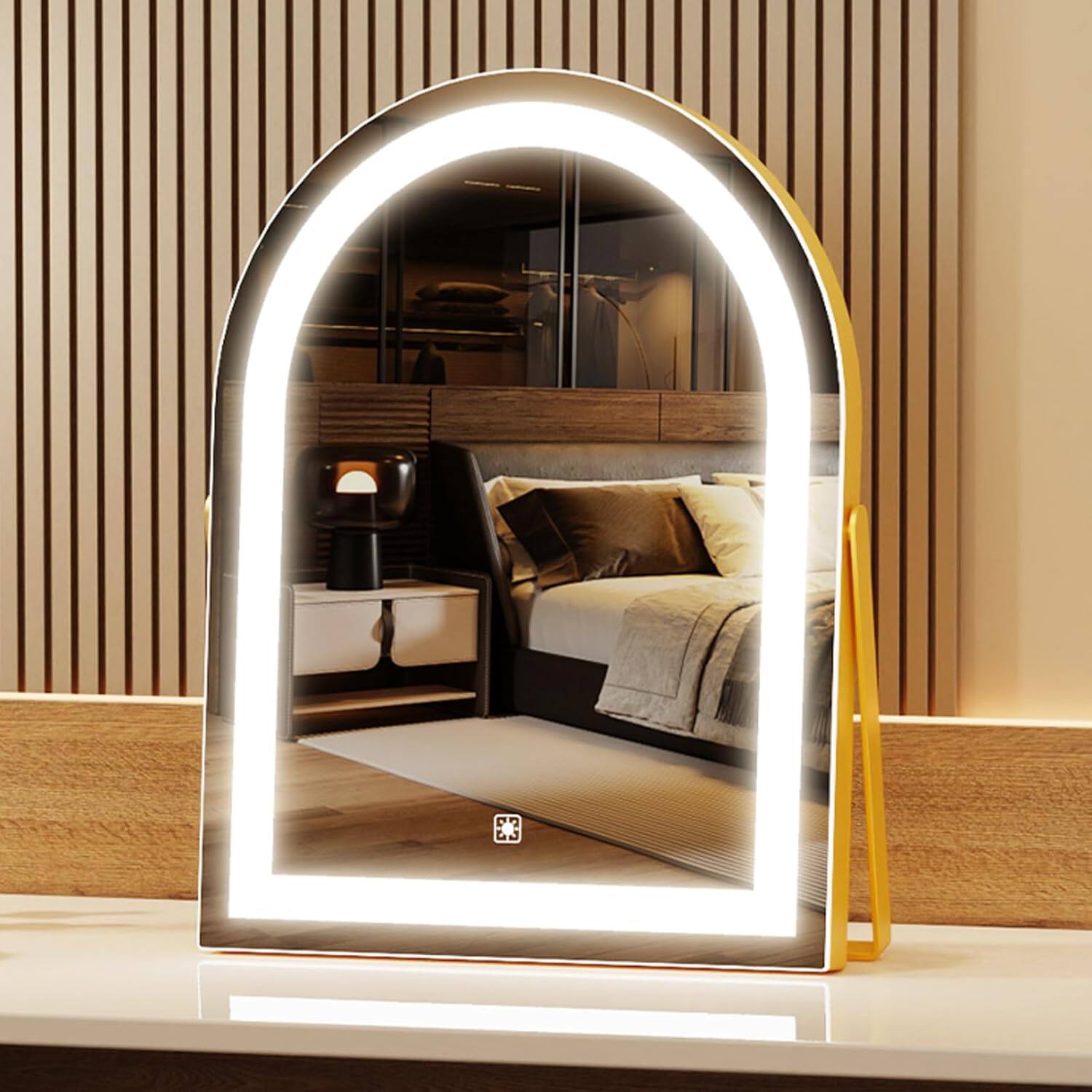 Stamp n Camp - Vanity Mirror with Lights, 16" Light Up Makeup Mirror, LED Lights for Bedroom Tabletop, Smart Touch Control 3 Colors - Gold-14"L x 11"W