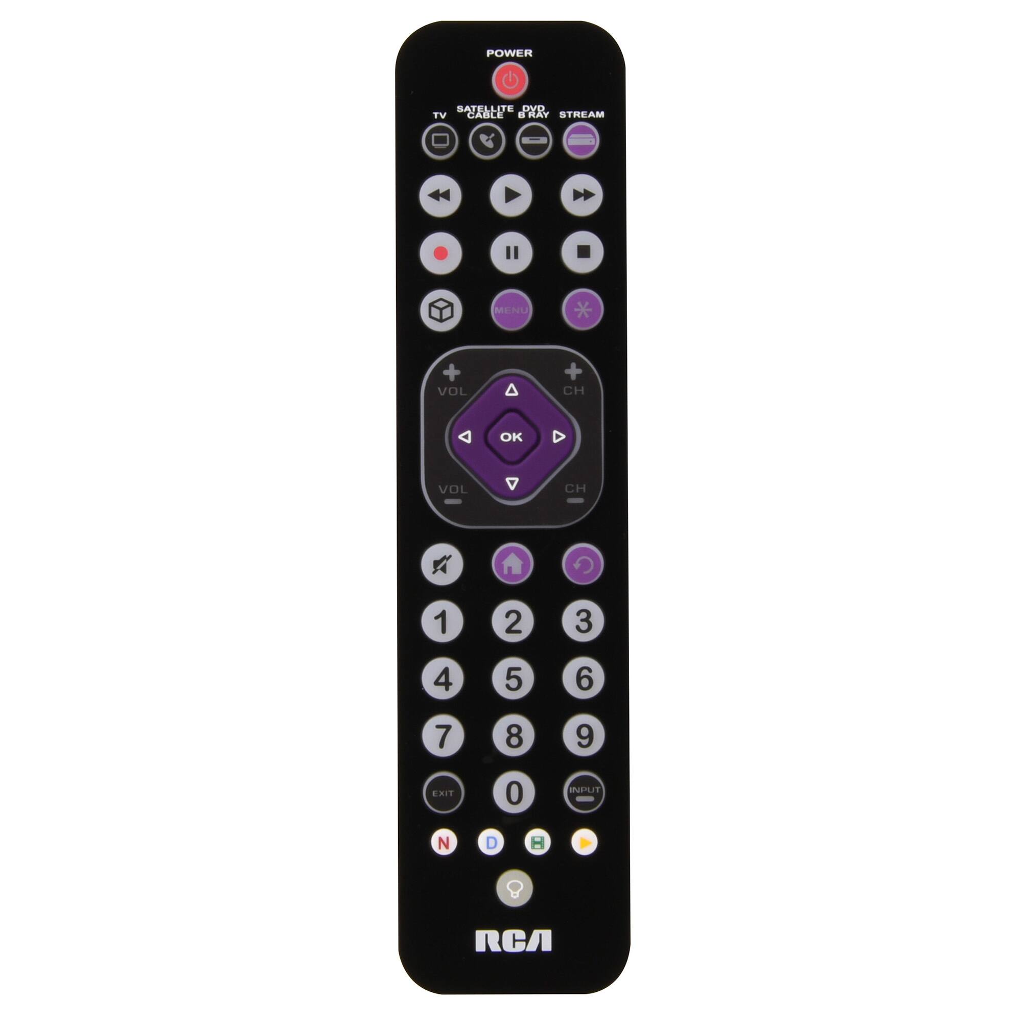 POWER  
SATELLITE TV CABLE DVD & RAY STREAM  
MENU  
VOL +  
CH +  
OK  
VOL -  
CH -  
1  
2  
3  
4  
5  
6  
7  
8  
9  
EXIT  
0  
INPUT  
N  
D  
RCA