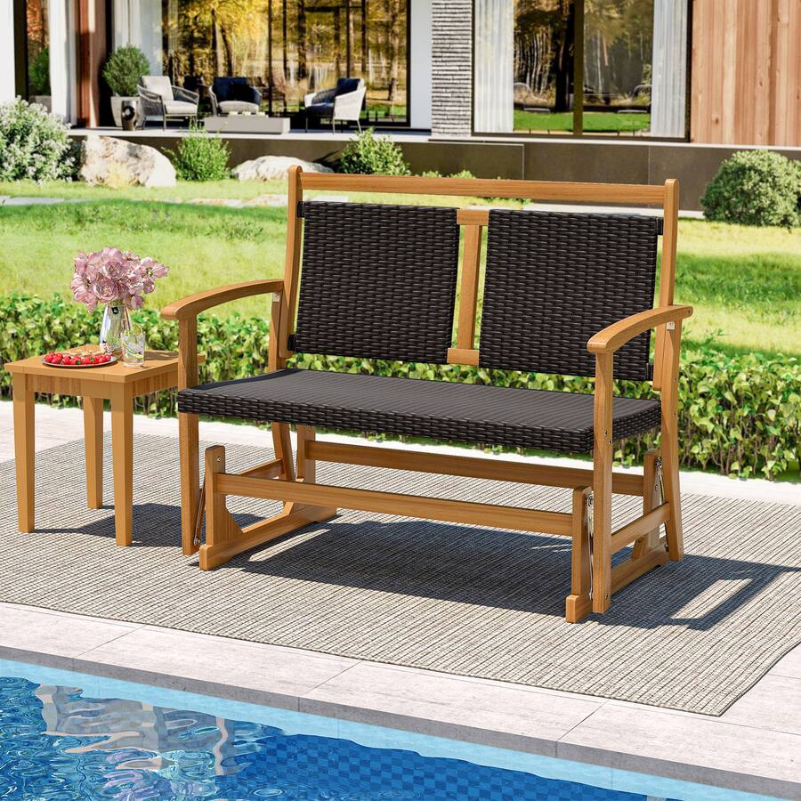 Gymax Patio Rattan Glider Bench Swing Gliding Rocker for 2 w/ Acacia ...