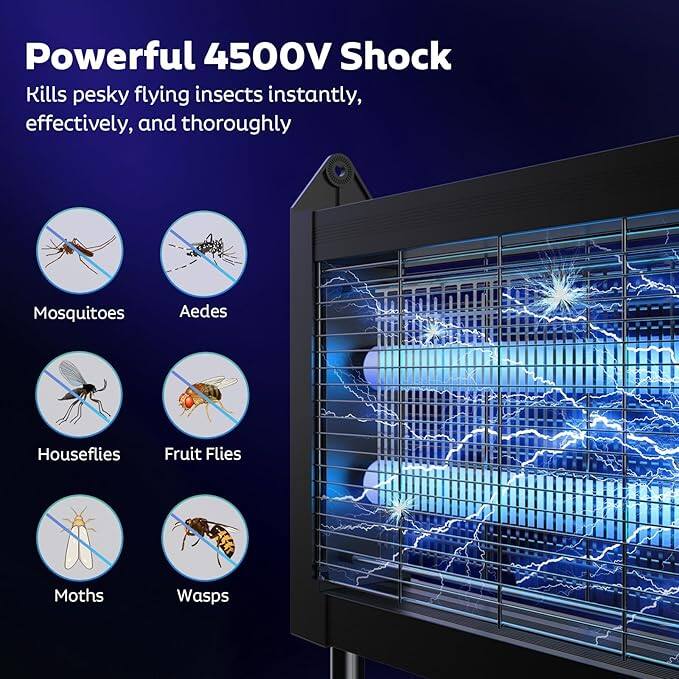 Powerful 4500V Shock  
Kills pesky flying insects instantly, effectively, and thoroughly  

Mosquitoes  
Aedes  
Houseflies  
Fruit Flies  
Moths  
Wasps