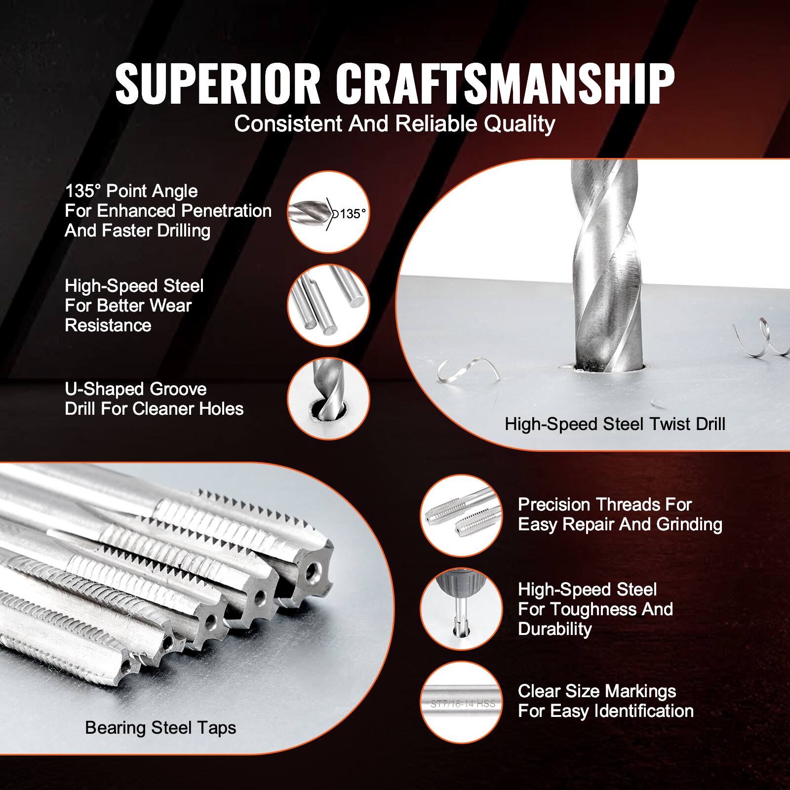 SUPERIOR CRAFTSMANSHIP  
Consistent And Reliable Quality  

135° Point Angle For Enhanced Penetration And Faster Drilling  
High-Speed Steel For Better Wear Resistance  
U-Shaped Groove Drill For Cleaner Holes  

High-Speed Steel Twist Drill  
Precision Threads For Easy Repair And Grinding  
High-Speed Steel For Toughness And Durability  
Clear Size Markings For Easy Identification  

Bearing Steel Taps