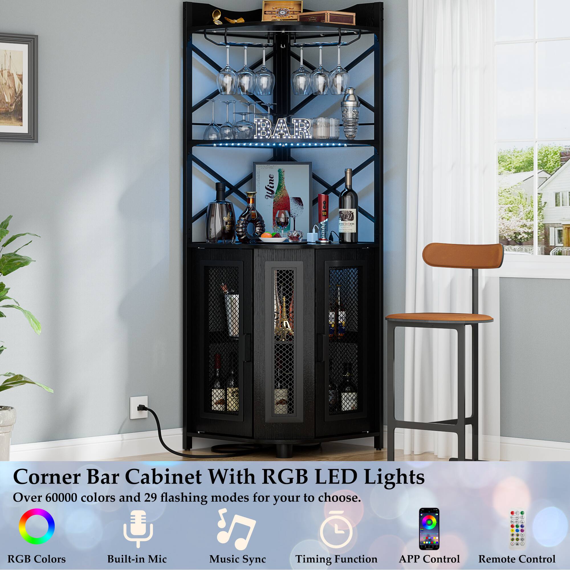 Corner Bar Cabinet With RGB LED Lights  
Over 60000 colors and 29 flashing modes for you to choose.  

RGB Colors  
Built-in Mic  
Music Sync  
Timing Function  
APP Control  
Remote Control