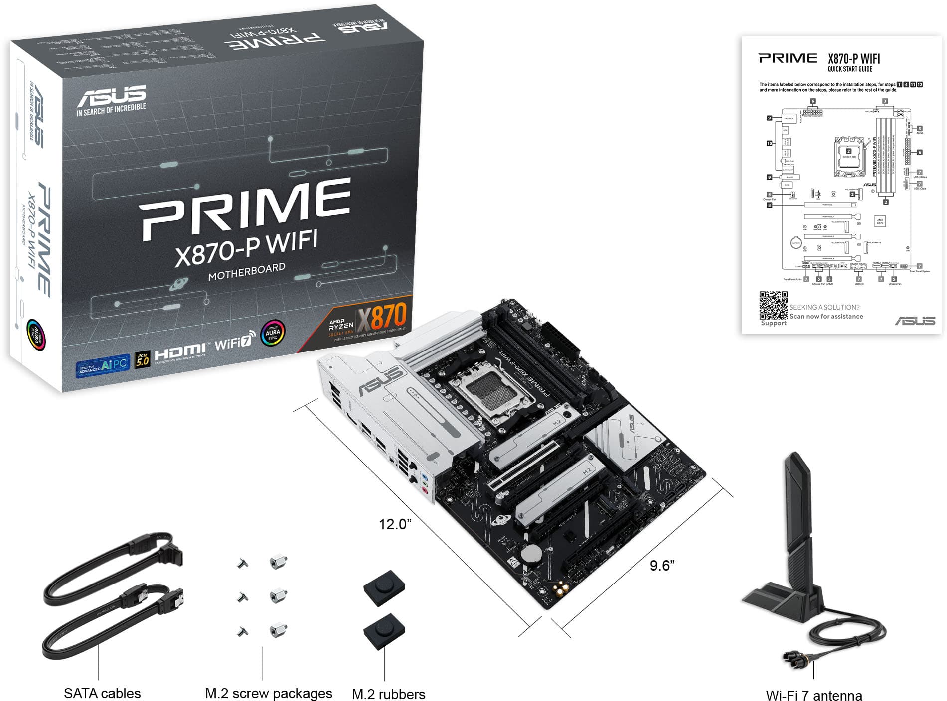 The image features a box for the ASUS Prime X870-P WiFi motherboard, which is designed for the AMD Ryzen processor. The box is open, revealing the motherboard and its components. The components include a Wi-Fi antenna, a M.2 screw package, and a M.2 rubber. The image also shows a diagram of the motherboard, providing a visual representation of its layout and features.