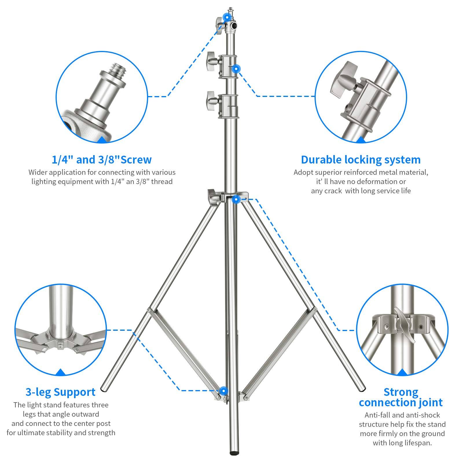 1/4" and 3/8" Screw  
Wider application for connecting with various lighting equipment with 1/4" and 3/8" thread  

Durable locking system  
Adopt superior reinforced metal material, it'll have no deformation or any crack with long service life  

3-leg Support  
The light stand features three legs that angle outward and connect to the center post for ultimate stability and strength  

Strong connection joint  
Anti-fall and anti-shock structure help fix the stand more firmly on the ground with long lifespan.