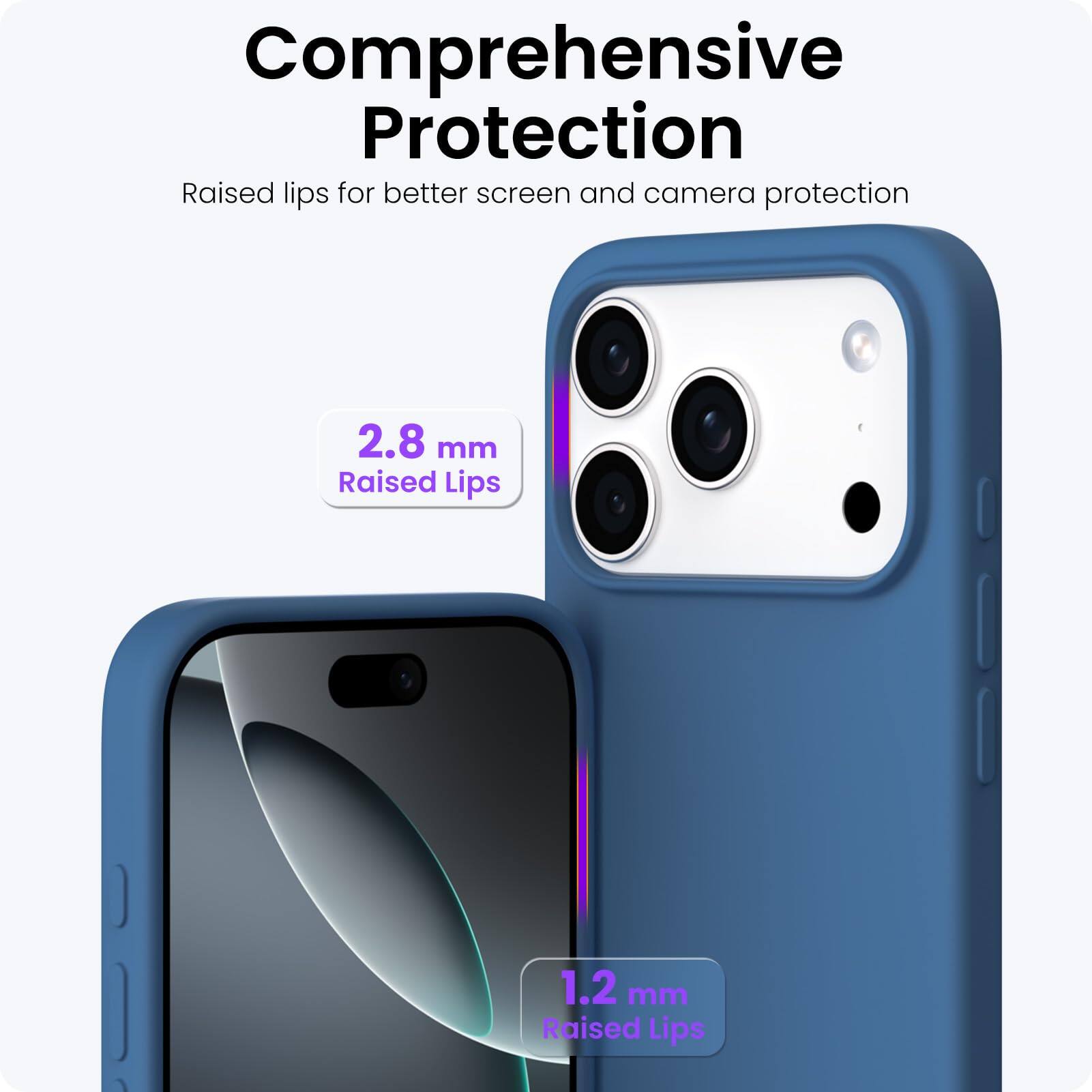 Comprehensive Protection

Raised lips for better screen and camera protection

2.8 mm Raised Lips

1.2 mm Raised Lips