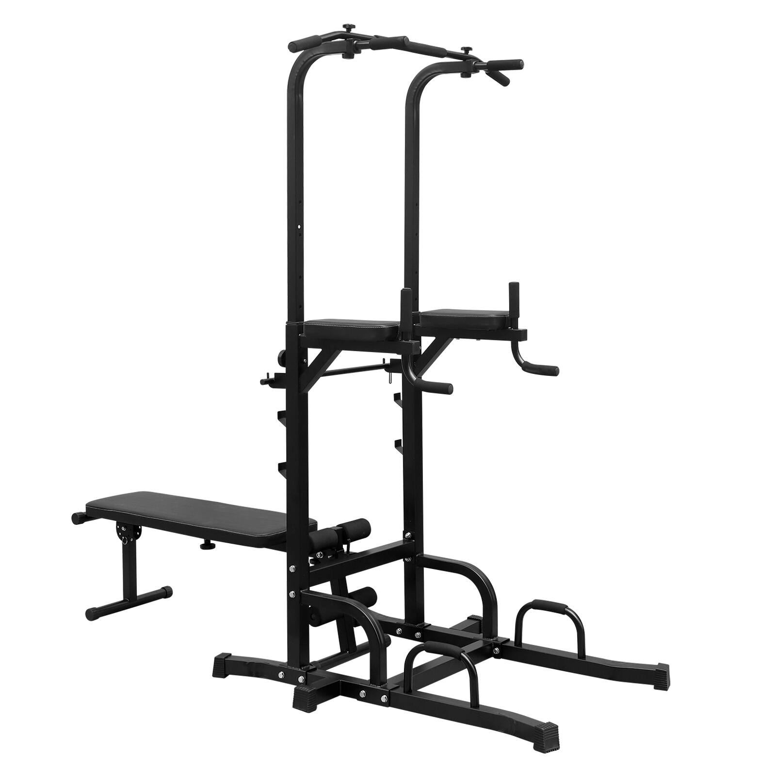 Front. ELEMENT ACE - Power Tower with Bench - Pull Up Bar Dip Station Adjustable Height Heavy Duty Fitness Rack - Black.