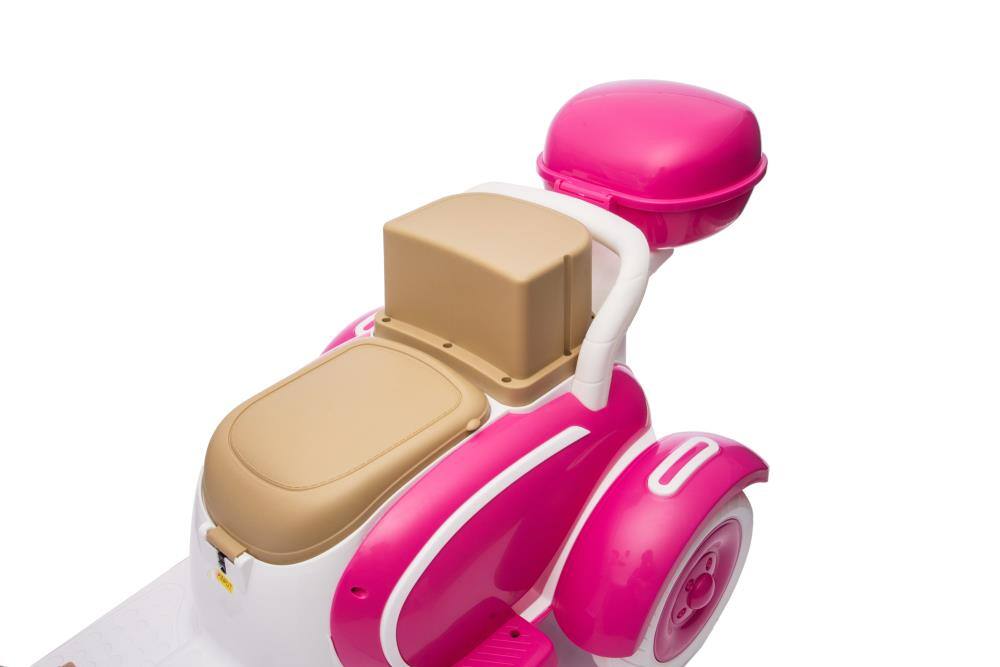 Back. BreeBe - 12V Kids Electric Motorcycle, 3-Wheel Ride On Scooter w/ USB, Bluetooth, Lights, Storage, Dual Motor, 2 Seats, Ages 3+ - Rose.