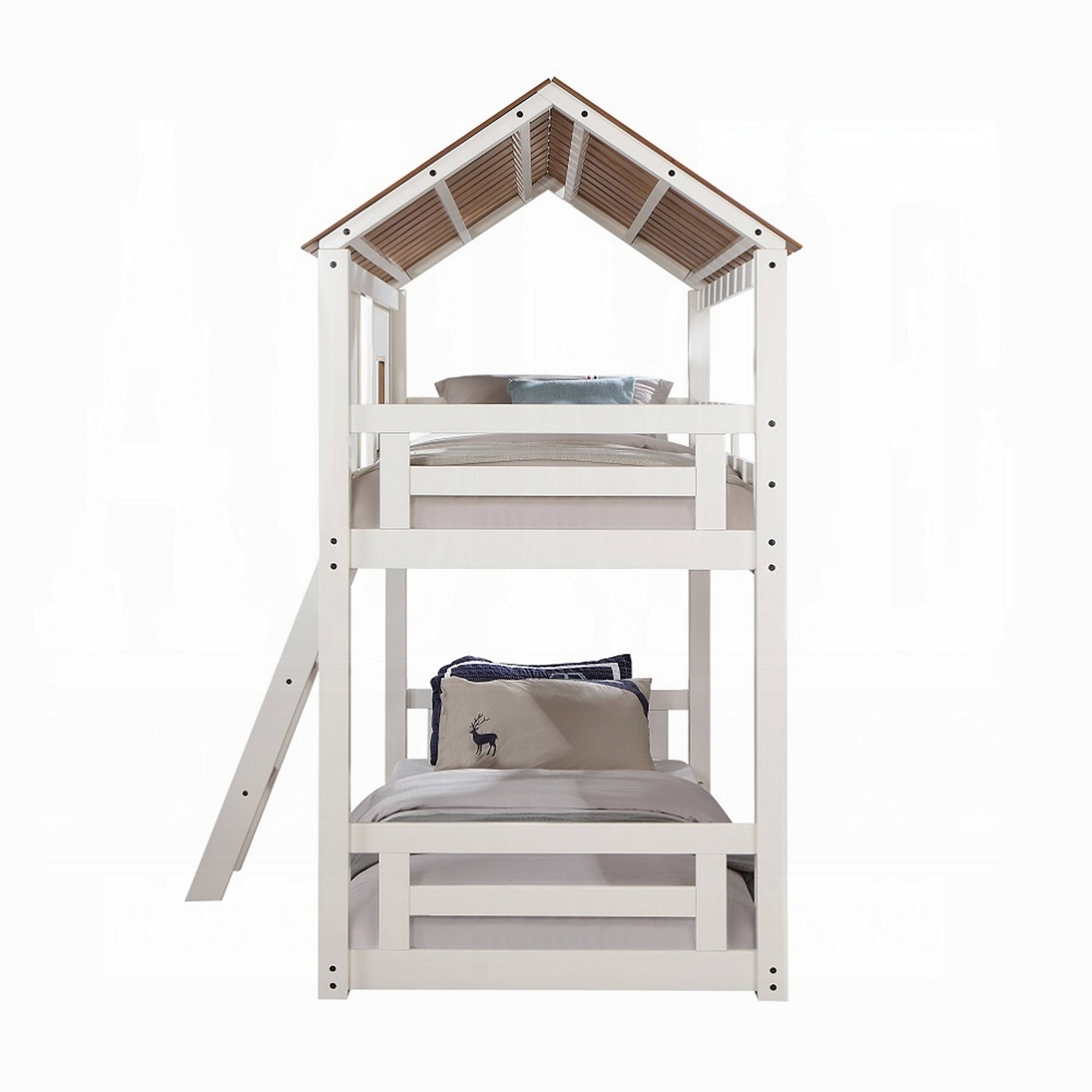 Alt View 2. Manhattan Lane - Nara Twin Size Bunk Bed, House Design with Ladder, White Rustic Wood - White, Oak Brown.