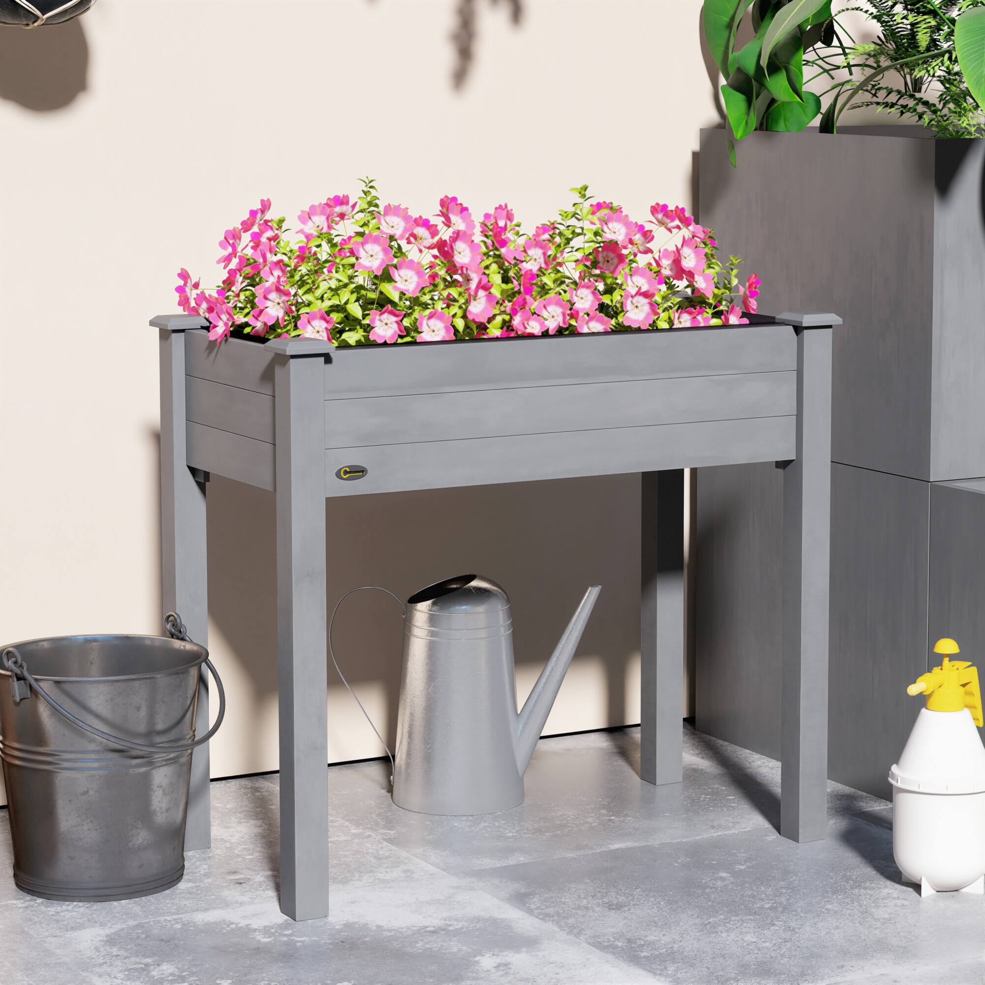Alt View 6. Outsunny - Raised Garden Bed, Elevated Wooden Planter Box with Holes for Vegetables, Herb, Flowers for Backyard - Dark Gray.