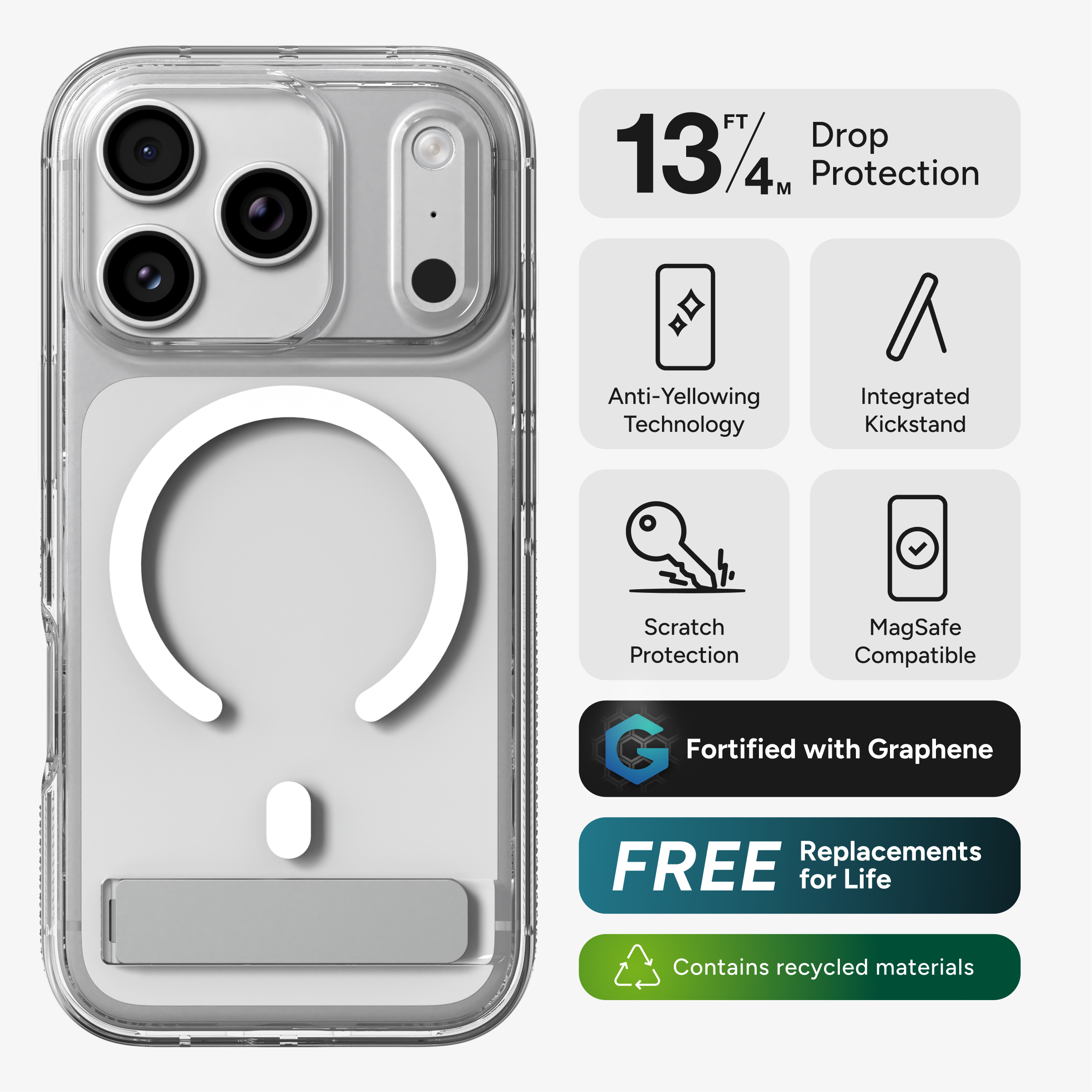 13 FT / 4 M Drop Protection  
Anti-Yellowing Technology  
Integrated Kickstand  
Scratch Protection  
MagSafe Compatible  
Fortified with Graphene  
FREE Replacements for Life  
Contains recycled materials