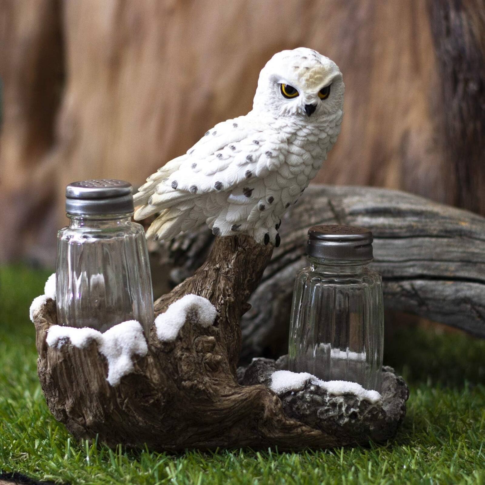 Alt View 2. Pacific Trading - Snow White Owlet Owl On Snowy Branch Glass Salt Pepper Shakers with Holder - White.