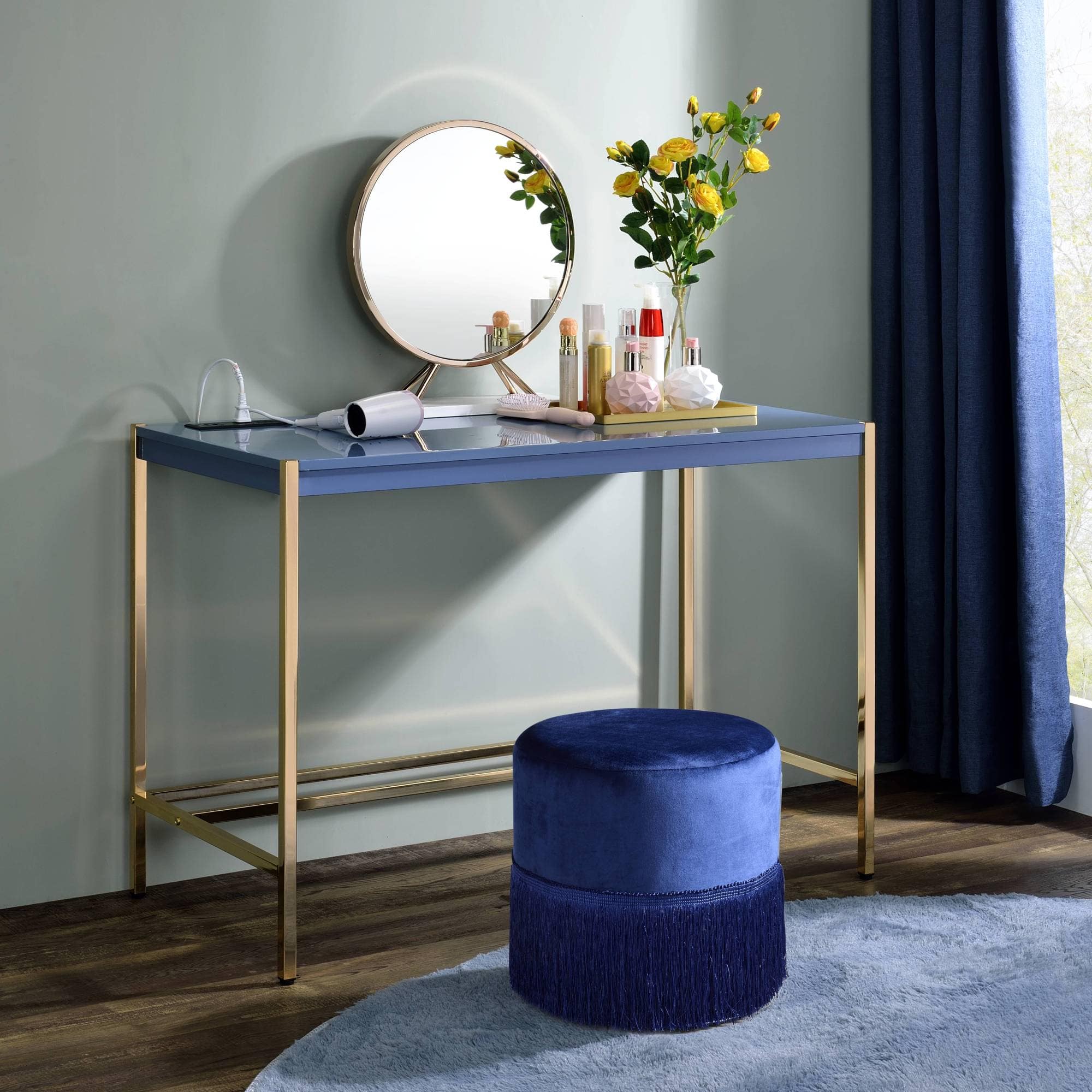 GOODSILO - Modern Writing Desk with USB Charging Port for Contemporary Home Office Workspace - Gold+Navy Blue