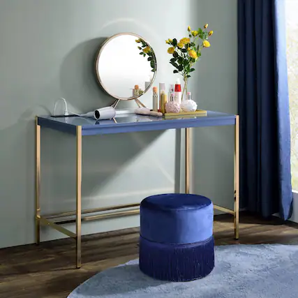 Front. GOODSILO - Modern Writing Desk with USB Charging Port for Contemporary Home Office Workspace - Gold+Navy Blue.