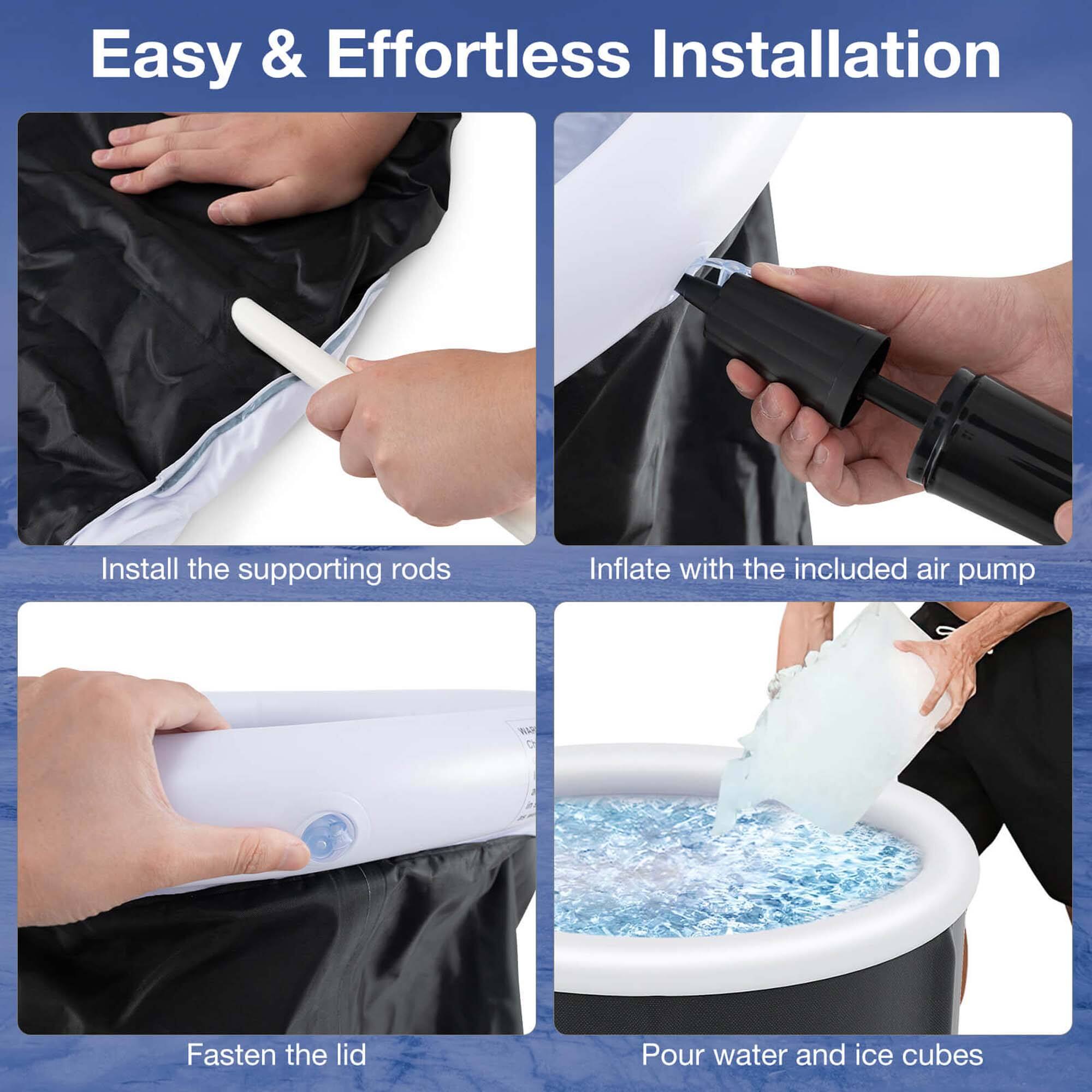 Easy & Effortless Installation: Install the supporting rods, inflate with the included air pump, fasten the lid, pour water and ice cubes.