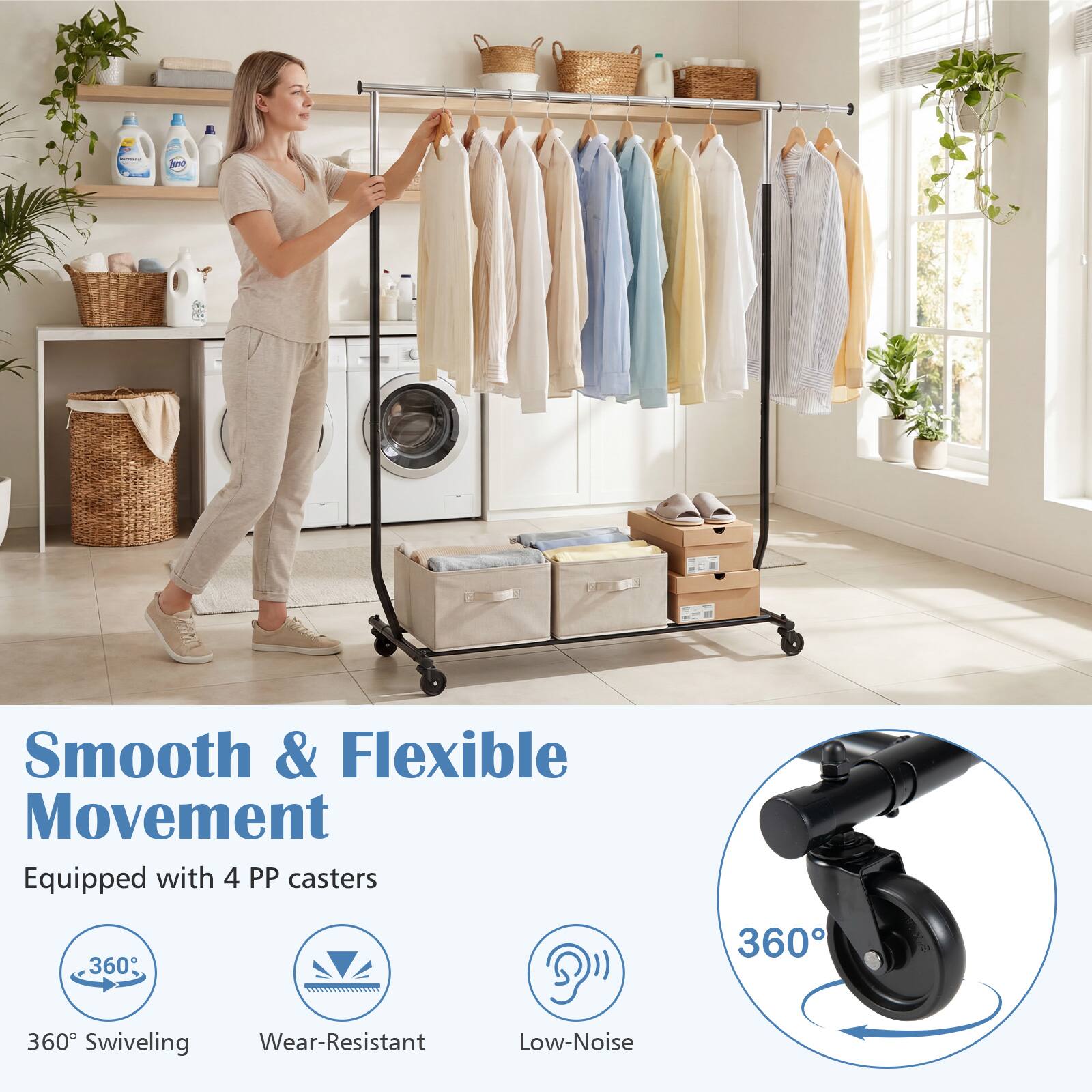 Smooth & Flexible Movement  
Equipped with 4 PP casters  
360° Swiveling  
Wear-Resistant  
Low-Noise