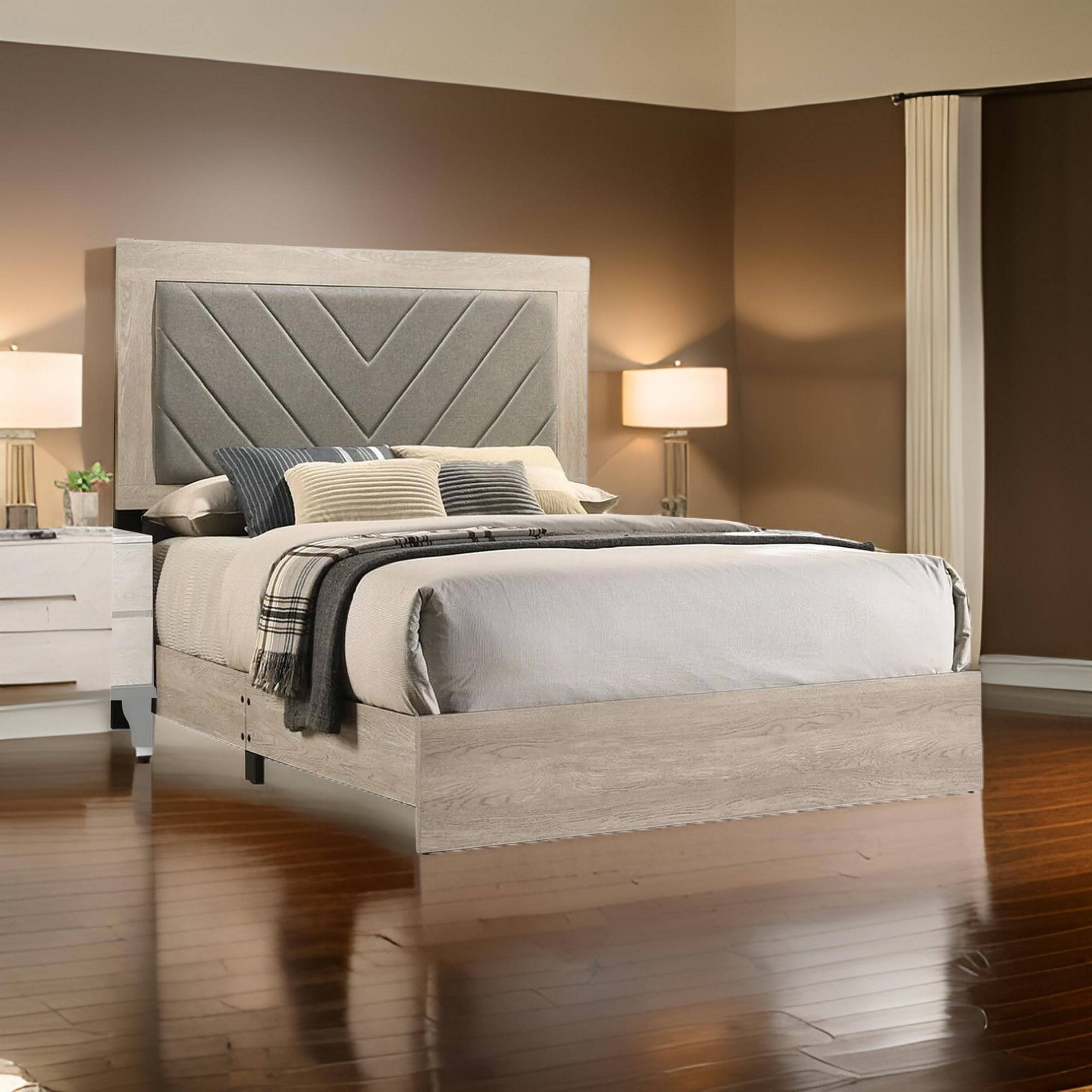 Alt View 5. Manhattan Lane - Cato Upholstered California King Bed, Tufted Gray Headboard - Gray,  Cream.