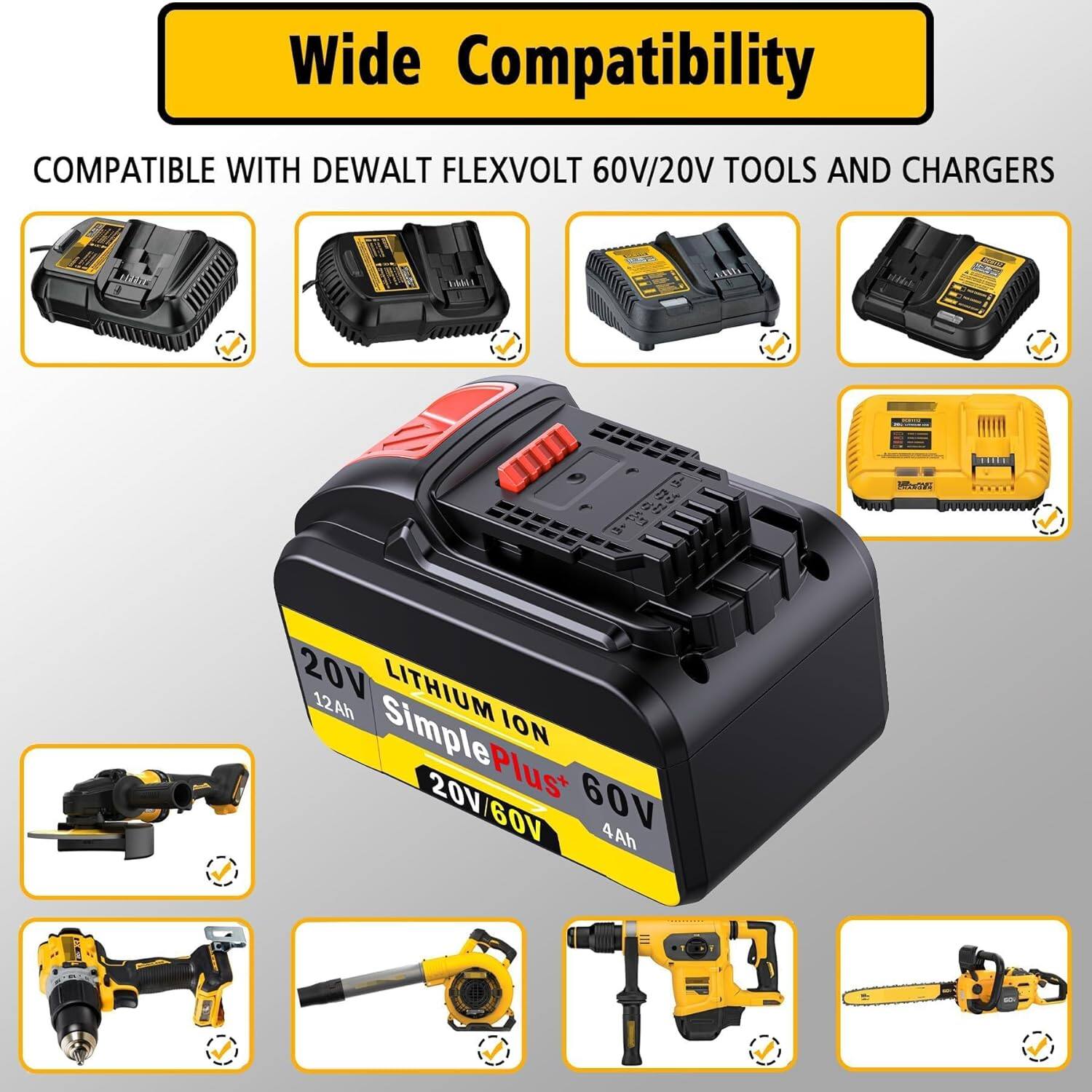 Wide Compatibility  
COMPATIBLE WITH DEWALT FLEXVOLT 60V/20V TOOLS AND CHARGERS  

20V LITHIUM ION Plus* 60V 20V/60V 4Ah