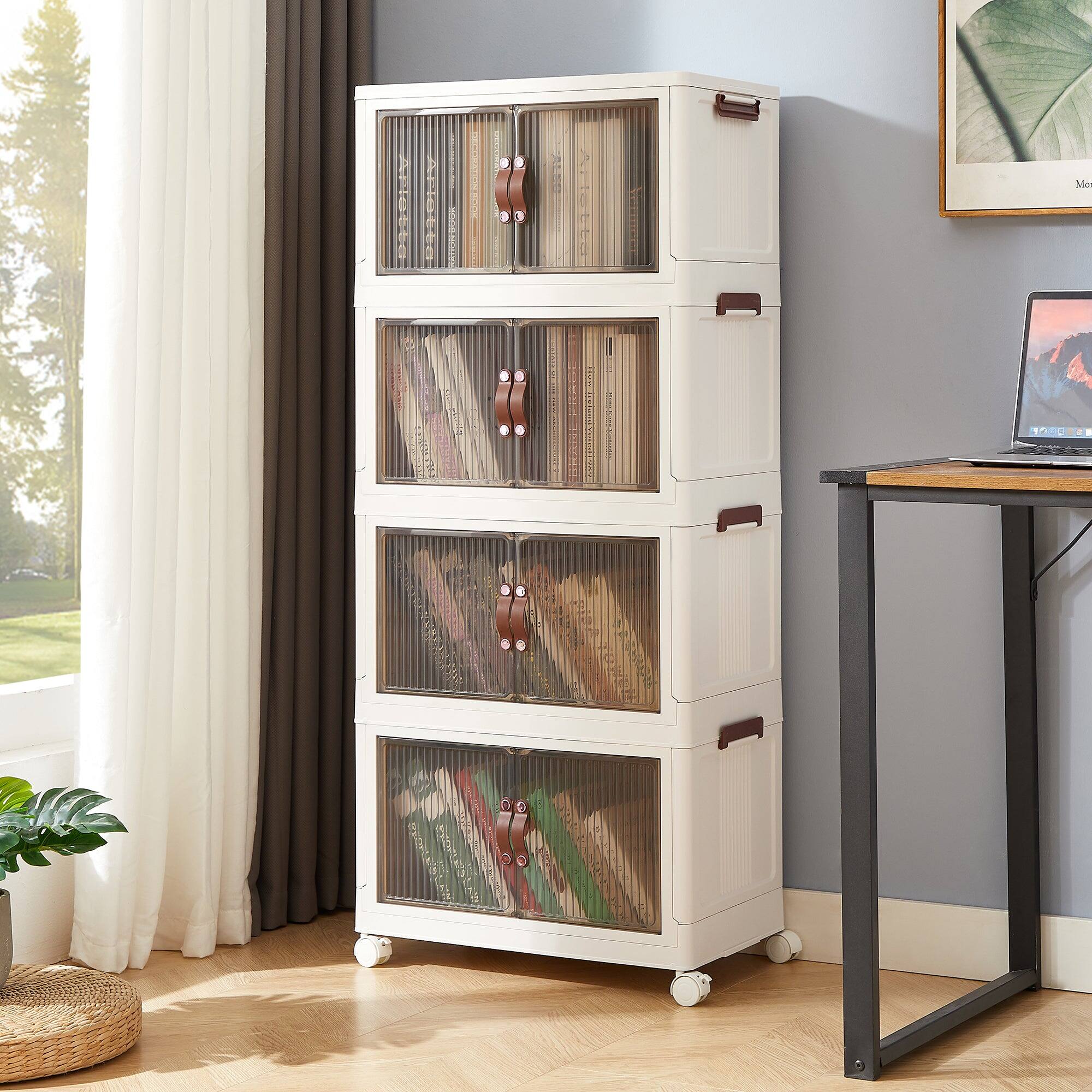 Front. Vecelo - 20 Gal Stackable Storage Bins with Lid, 4 Pack Plastic Collapsible Storage Cabinet,Storage Container Cart - White.