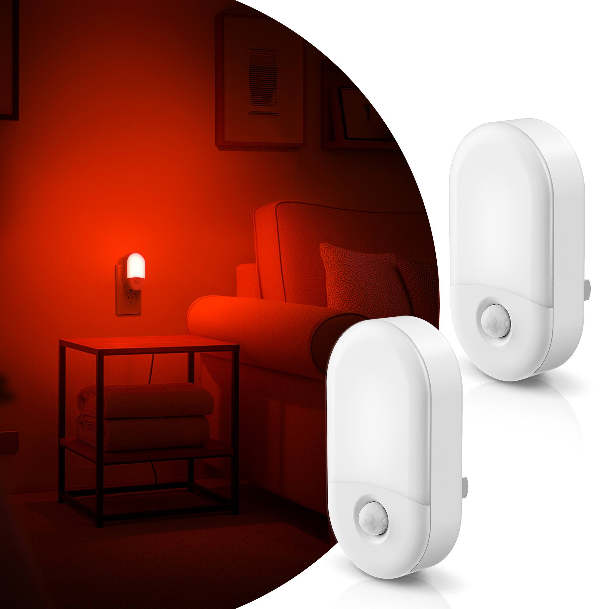 Angle. Jandcase - JANDCASE 2-Pack 0.6W Plug-in Motion Sensor Night Light, Red Glow, 2-Step Dimming ON/OFF/AUTO - White.